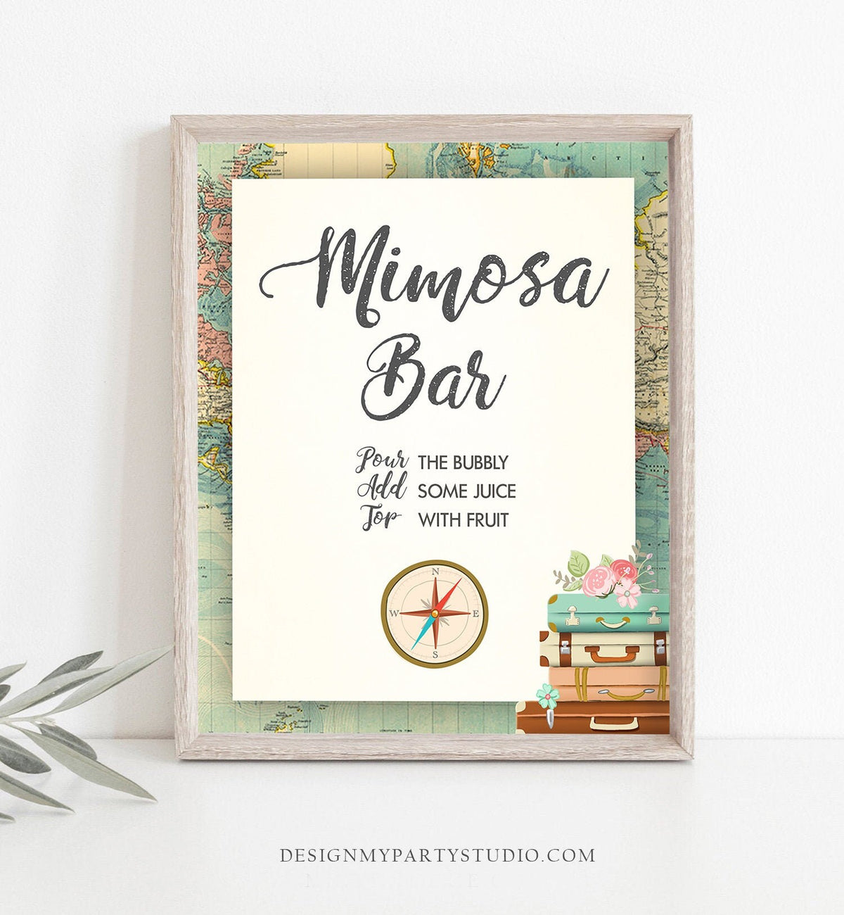 Mimosa Bar Sign Travel Adventure Bridal Shower Wedding Cheers Fruit Juice Sign Adventure Suitcases Drinks Instant Download Printable 0044