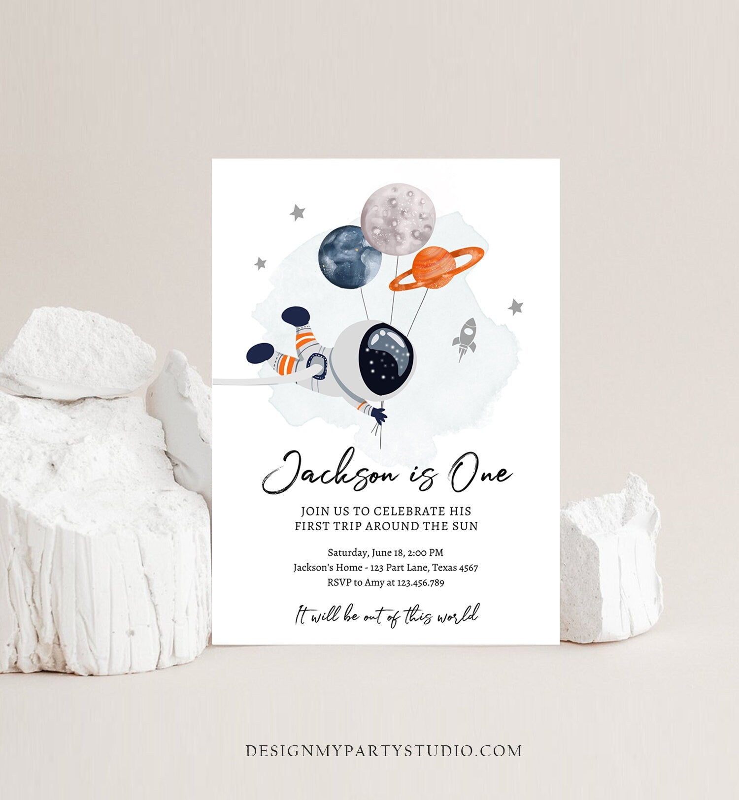 Editable Outer Space Birthday Invitation Out of this World Astronaut Trip Around the Sun Download Printable Template Digital Corjl 0366