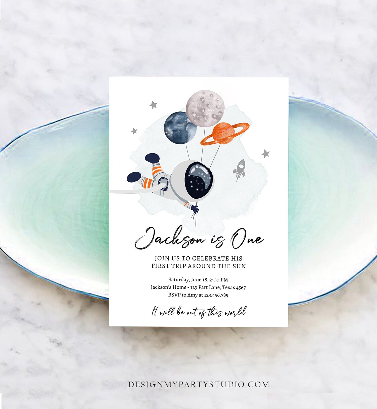 Editable Outer Space Birthday Invitation Out of this World Astronaut Trip Around the Sun Download Printable Template Digital Corjl 0366