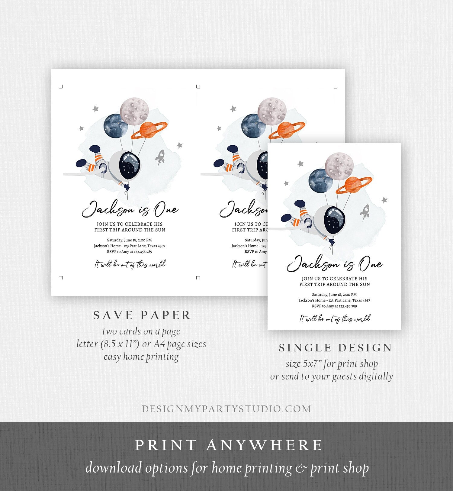 Editable Outer Space Birthday Invitation Out of this World Astronaut Trip Around the Sun Download Printable Template Digital Corjl 0366