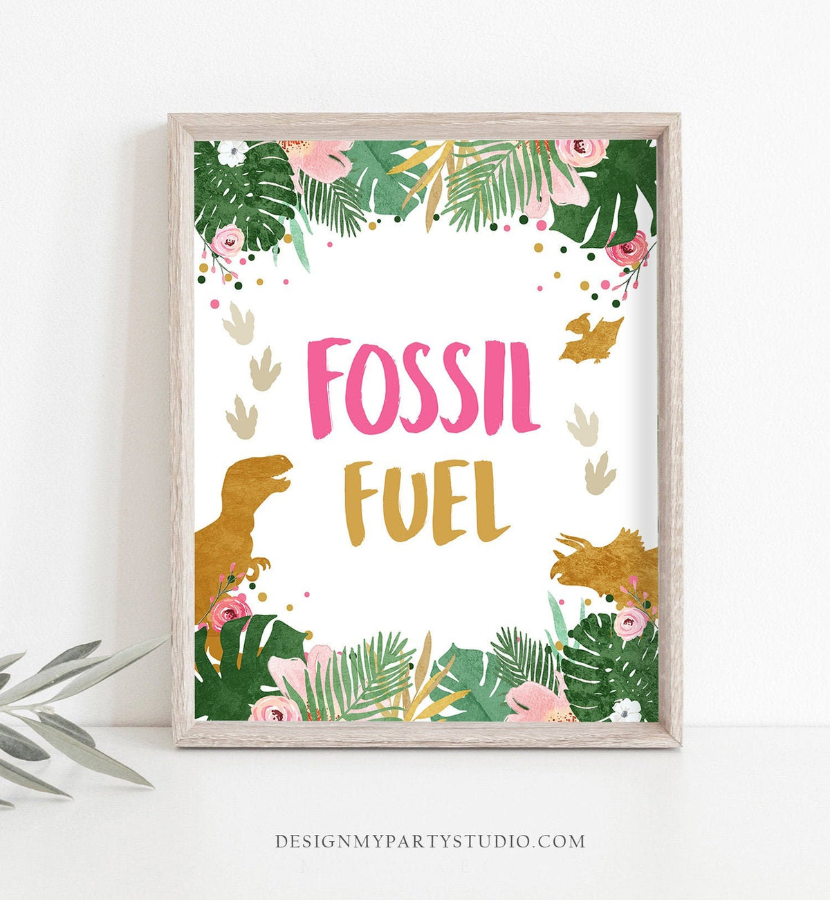 Fossil Fuel Birthday Sign Drink Table Decor Dinosaur Birthday Dino Party Girl Pink Prehistoric T-Rex Table Sign Download Printable 0146