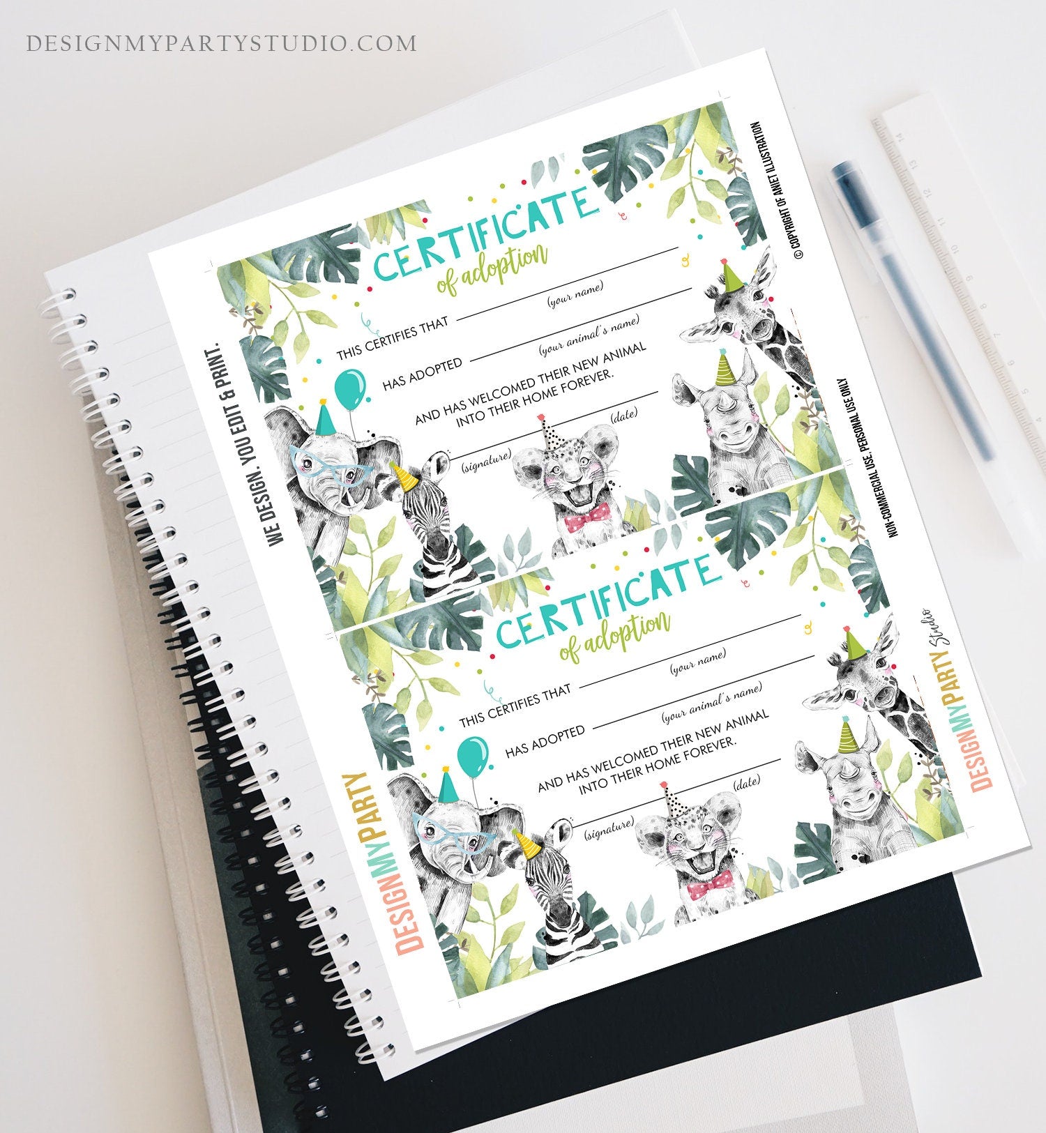 Adopt an Animal Adoption Certificate Safari Animals Adoption Wild One Birthday Party Animals Birthday Boy Download Digital PRINTABLE 0322