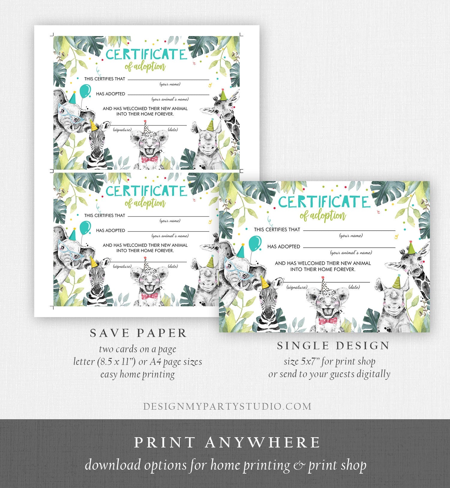 Adopt an Animal Adoption Certificate Safari Animals Adoption Wild One Birthday Party Animals Birthday Boy Download Digital PRINTABLE 0322