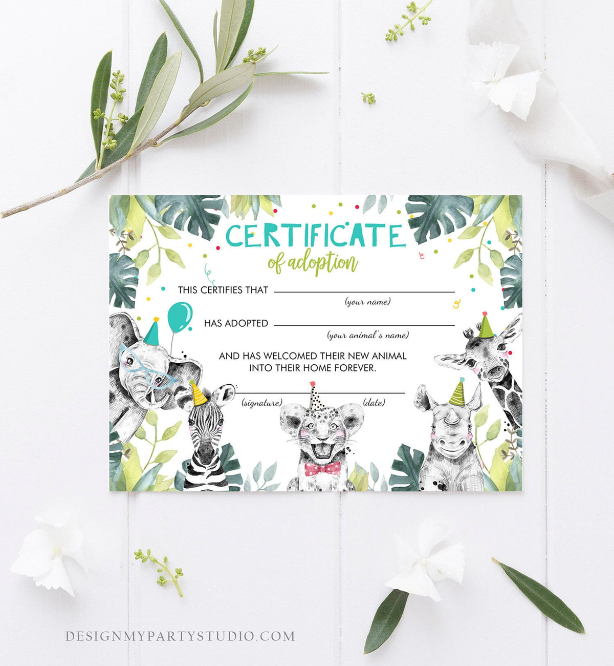 Adopt an Animal Adoption Certificate Safari Animals Adoption Wild One Birthday Party Animals Birthday Boy Download Digital PRINTABLE 0322