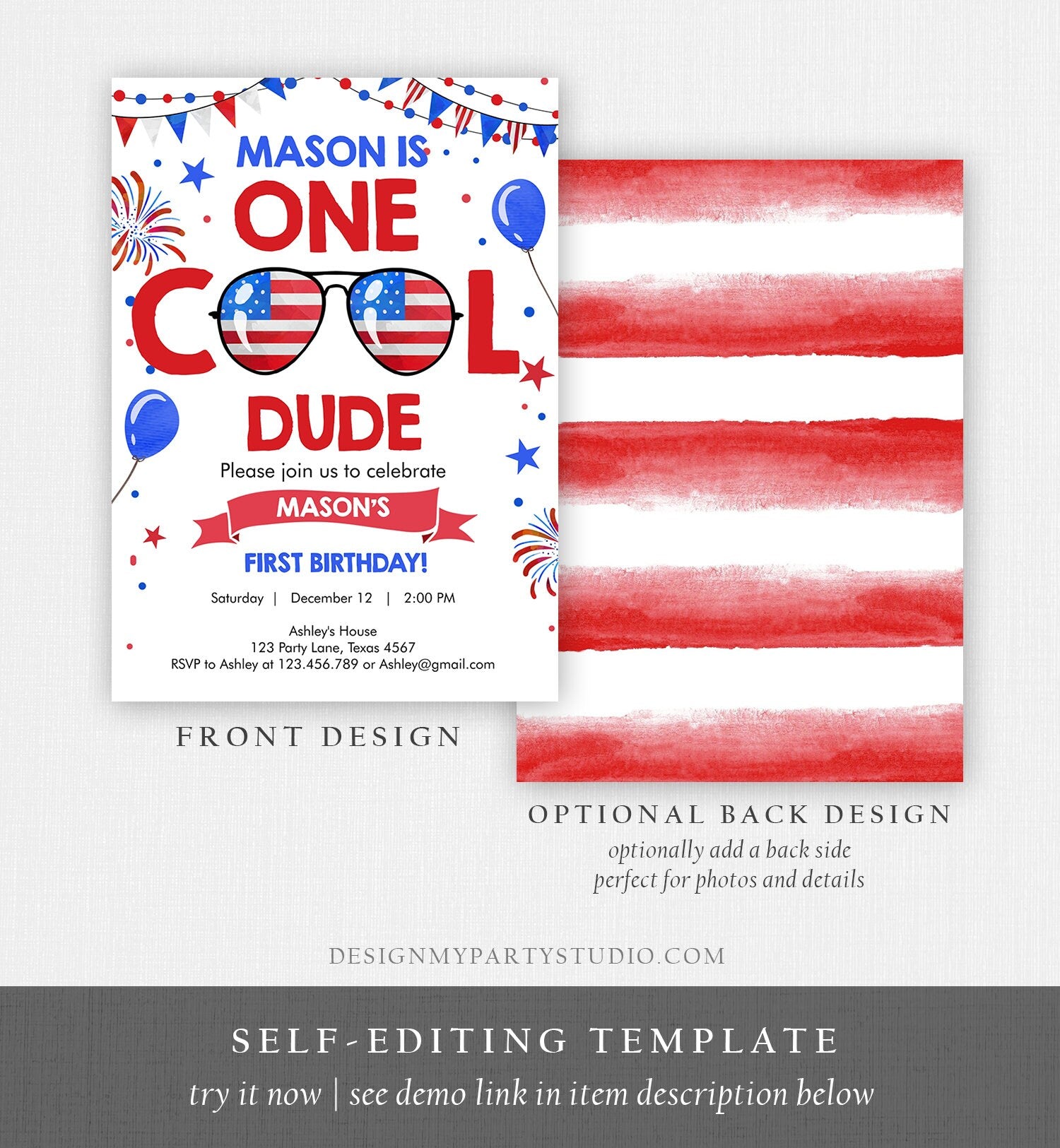 Editable Memorial Day Birthday Invitation 4th of July Little Firecracker Red White Blue One Cool Dude Sunglasses Template Corjl Digital 0122