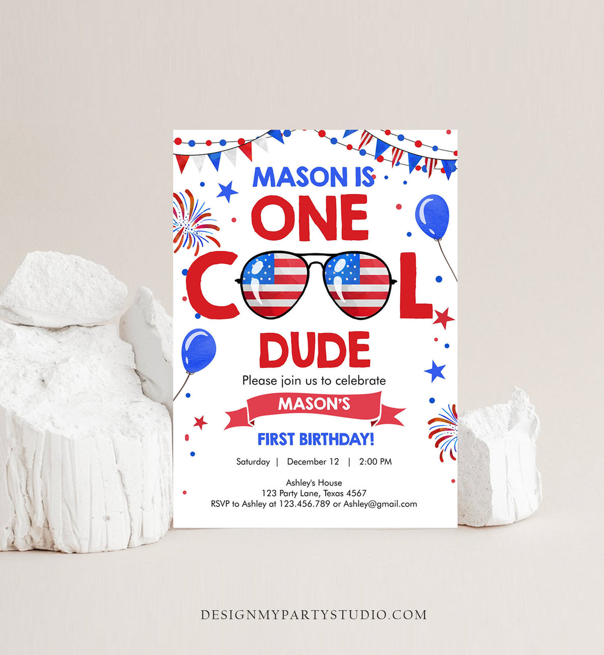 Editable Memorial Day Birthday Invitation 4th of July Little Firecracker Red White Blue One Cool Dude Sunglasses Template Corjl Digital 0122