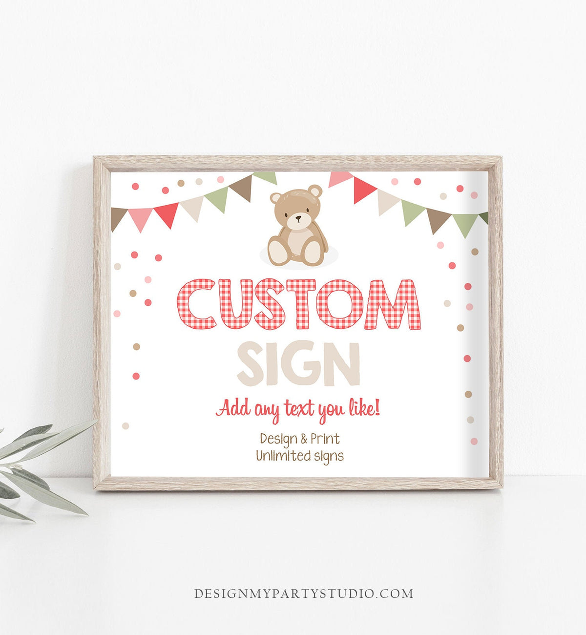 Editable Custom Sign Teddy Bear Birthday Baby Shower Girl Pink Red Gingham Picnic Summer Outdoor Bears Corjl Template Printable 0100