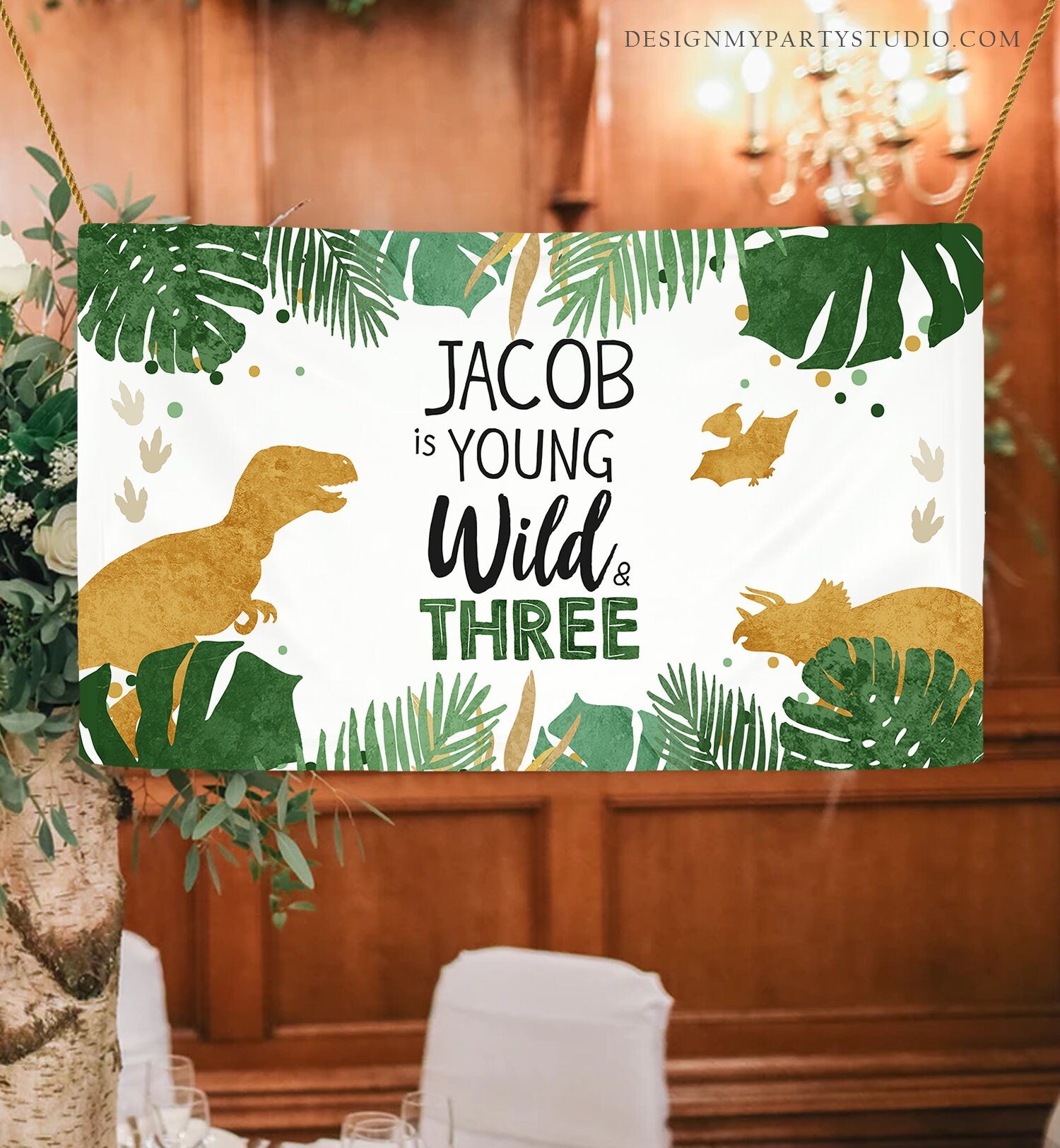 Editable Dinosaur Birthday Backdrop Banner Boy Gold Young Wild and Three Birthday 3rd Birthday Sign Download Corjl Template Printable 0146