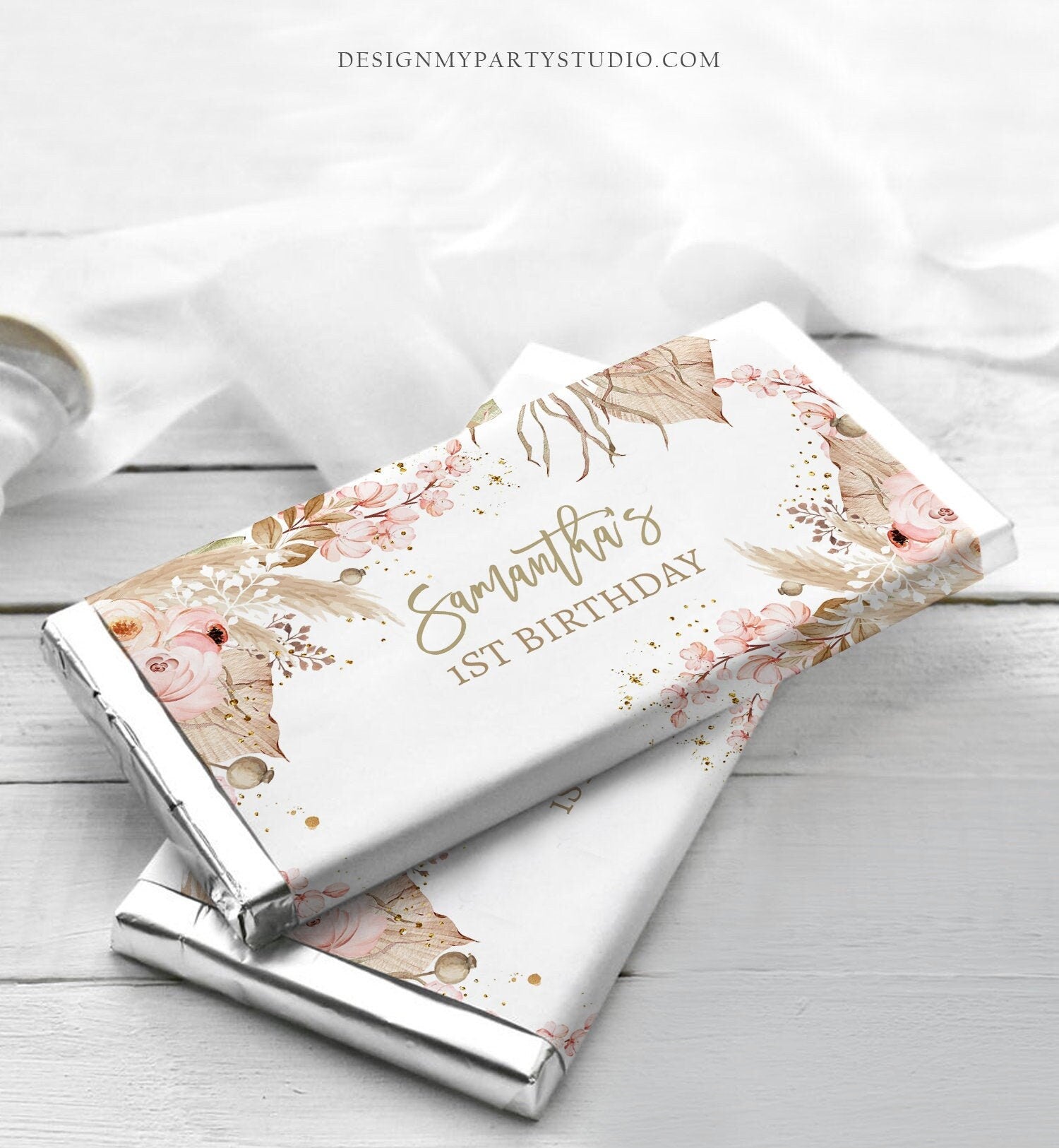 Editable Candy Bar Wrapper Pampas Grass 1st Birthday Candy Bar Wrapper Boho Birthday Favors Party Girl Thank You PRINTABLE Corjl 0395