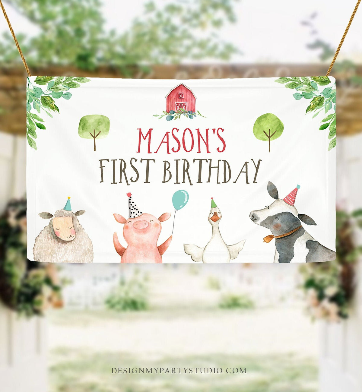 Editable Farm Animals Backdrop Banner Boy Farm Birthday Boy {arty Animals Barnyard Birthday Decor Digital Download Template Printable 0155