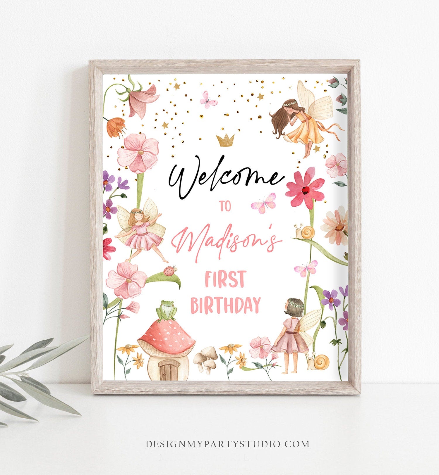 Editable Fairy Birthday Welcome Sign Fairy Garden Sign Whimsical Welcome Enchanted Forest Birthday Girl Pink Template PRINTABLE Corjl 0406