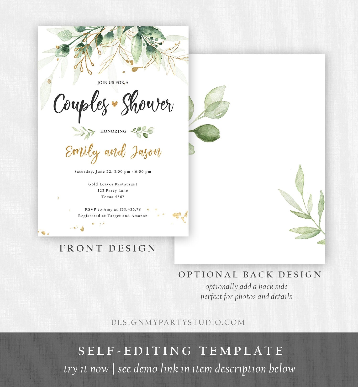 Editable Gold Leaves Couples Shower Invitation Gold Leaves Floral Greenery Bridal Coed Wedding Digital Download Template Printable 0168