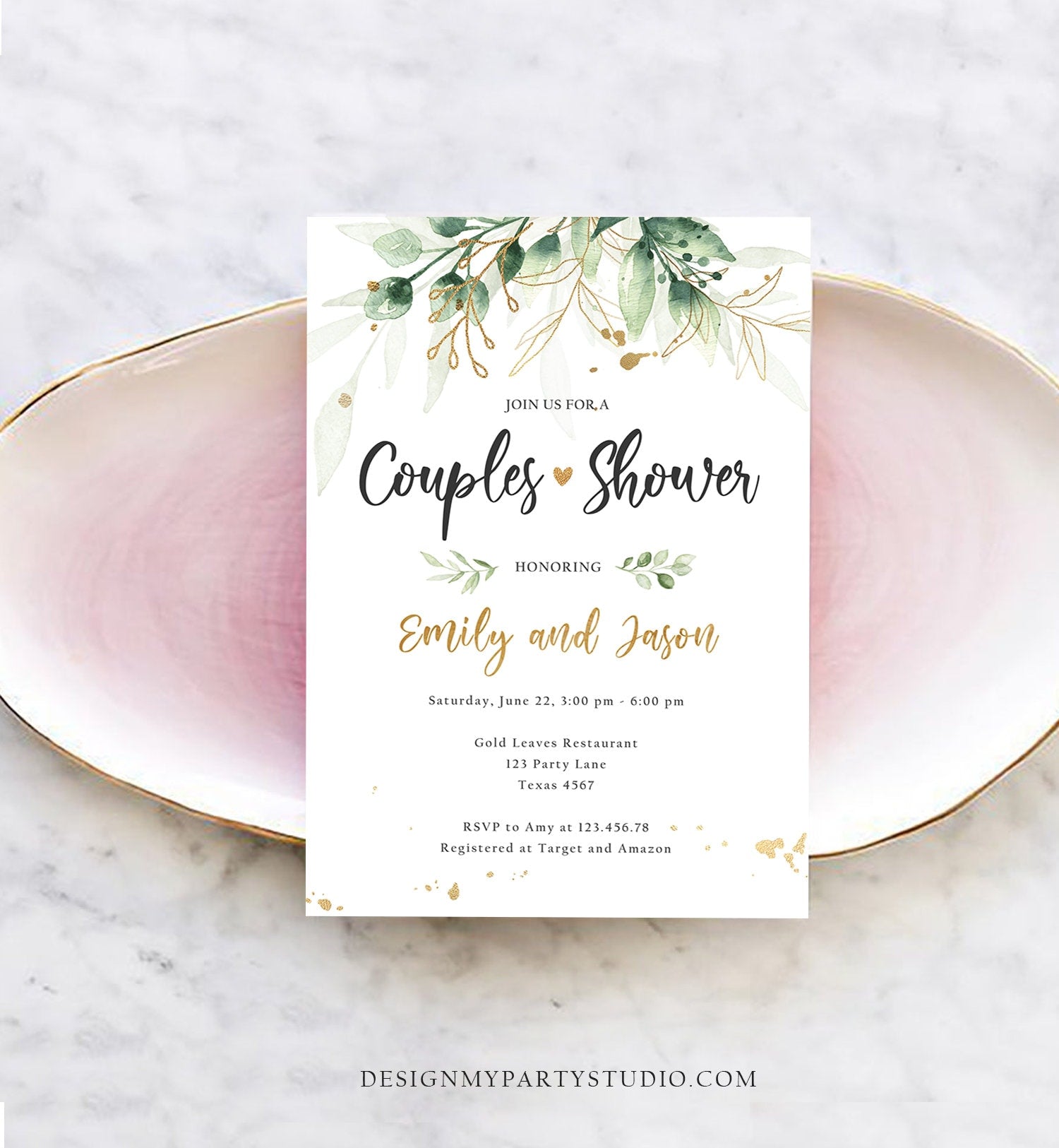 Editable Gold Leaves Couples Shower Invitation Gold Leaves Floral Greenery Bridal Coed Wedding Digital Download Template Printable 0168