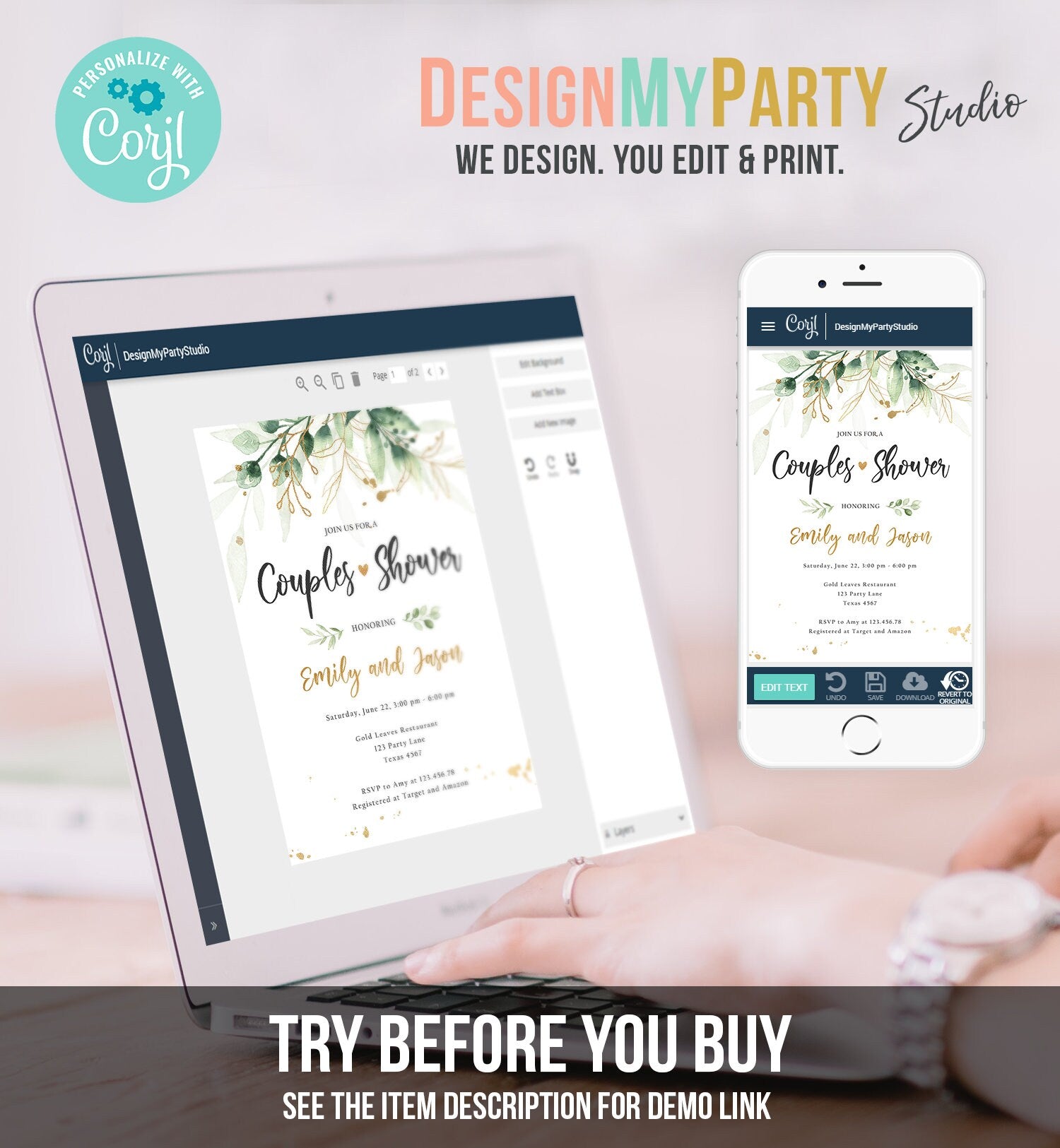 Editable Gold Leaves Couples Shower Invitation Gold Leaves Floral Greenery Bridal Coed Wedding Digital Download Template Printable 0168