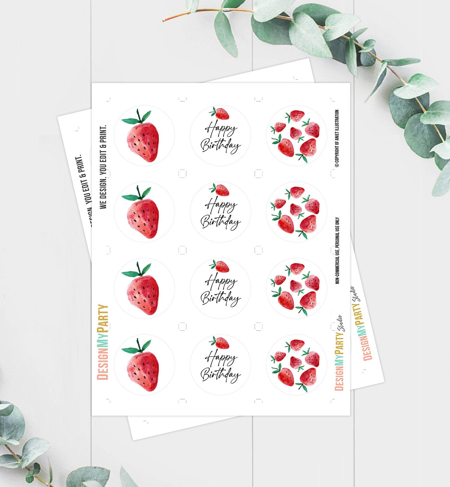 Strawberry Birthday Cupcake Toppers Favor Tags Girl First Birthday Party Decor Berry Sweet 1st Strawberries Download Digital PRINTABLE 0399