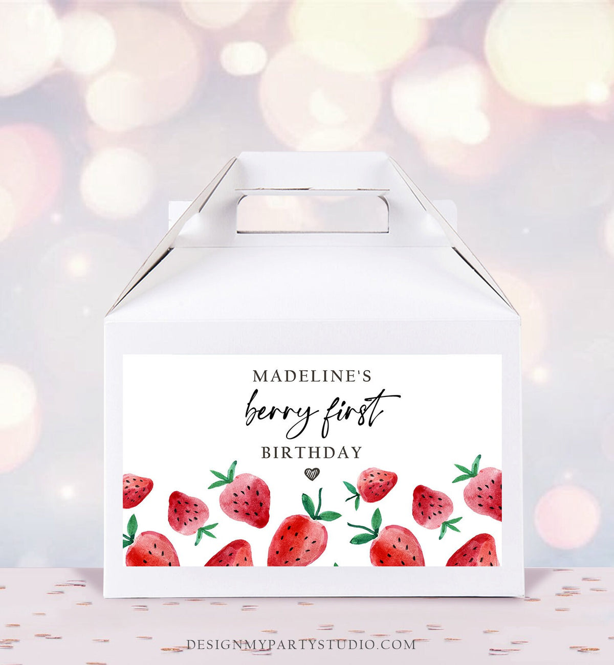 Editable Strawberry Gable Gift Box Label Strawberries 1st Birthday Berry First Treat Box Label Berry Sweet Download Printable Corjl 0399