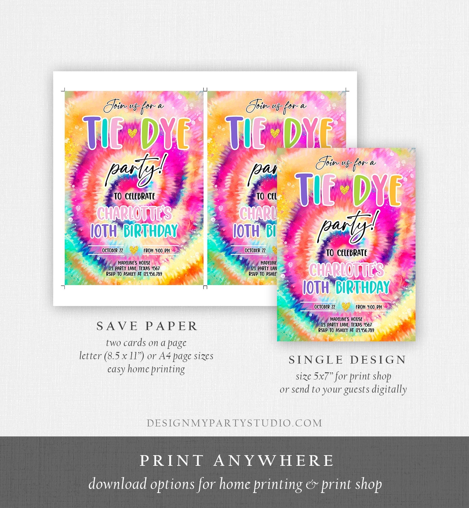 Editable Tie Dye Birthday Invitation Tie Dye Party Invite Girl Pink Tie-Dye Birthday Rainbow Hippie Peace Tween Download Corjl Template 0407