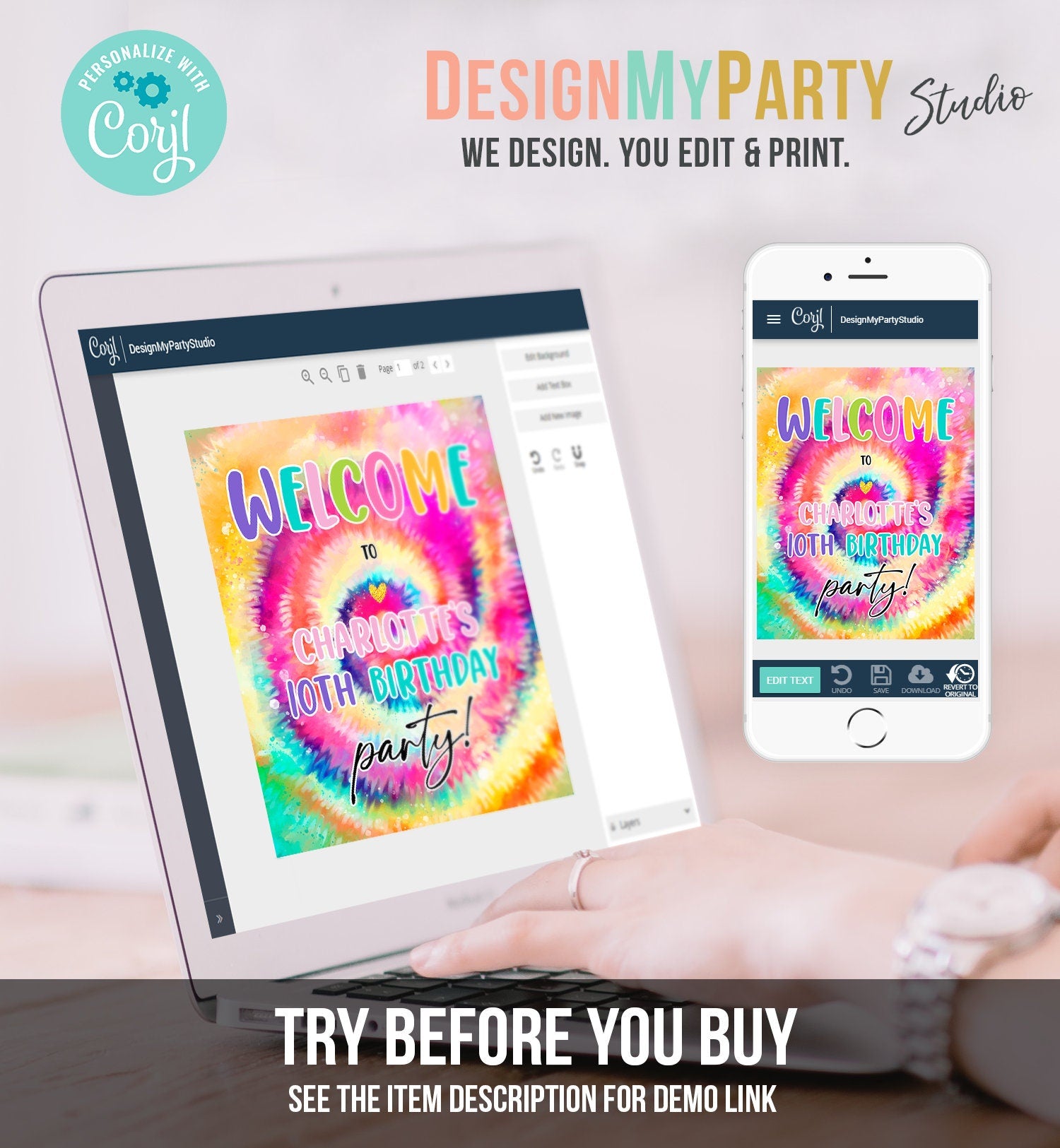 Editable Tie Dye Welcome Sign Tie Dye Birthday Sign Girl Craft Birthday Decor Peace Hippie Rainbow Digital Download Template Printable 0407