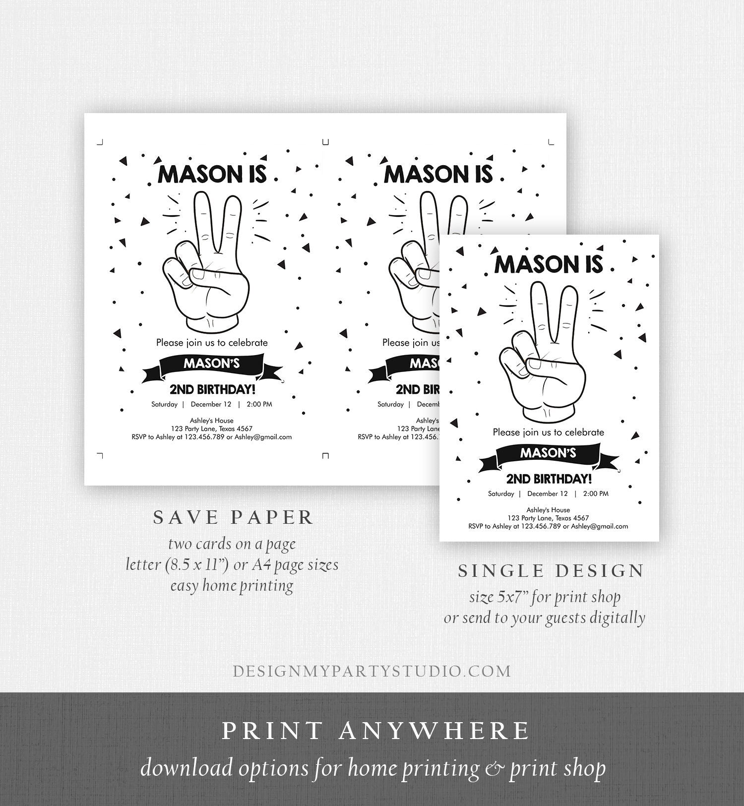 Editable Two Cool Birthday Invitation Boy Second Birthday Party 2nd I'm this Many I'm Two Cool Peace Hip Hop Printable Corjl Template 0136