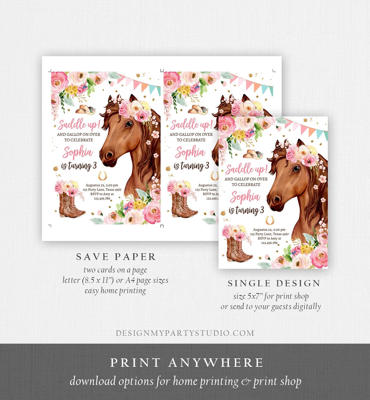 Editable Horse Birthday Invitation Girl Saddle Up Watercolor Cowgirl Party Horse Invite Pink Floral Download Printable Template Corjl 0408