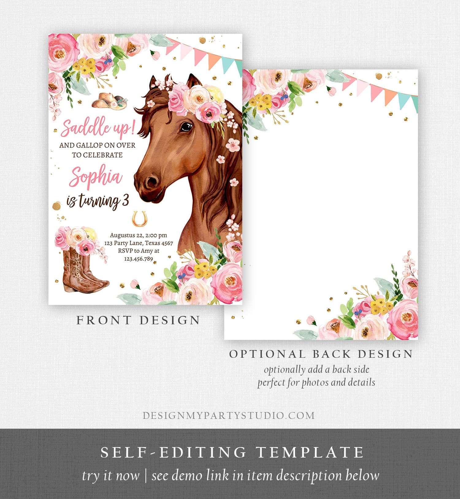 Editable Horse Birthday Invitation Girl Saddle Up Watercolor Cowgirl Party Horse Invite Pink Floral Download Printable Template Corjl 0408