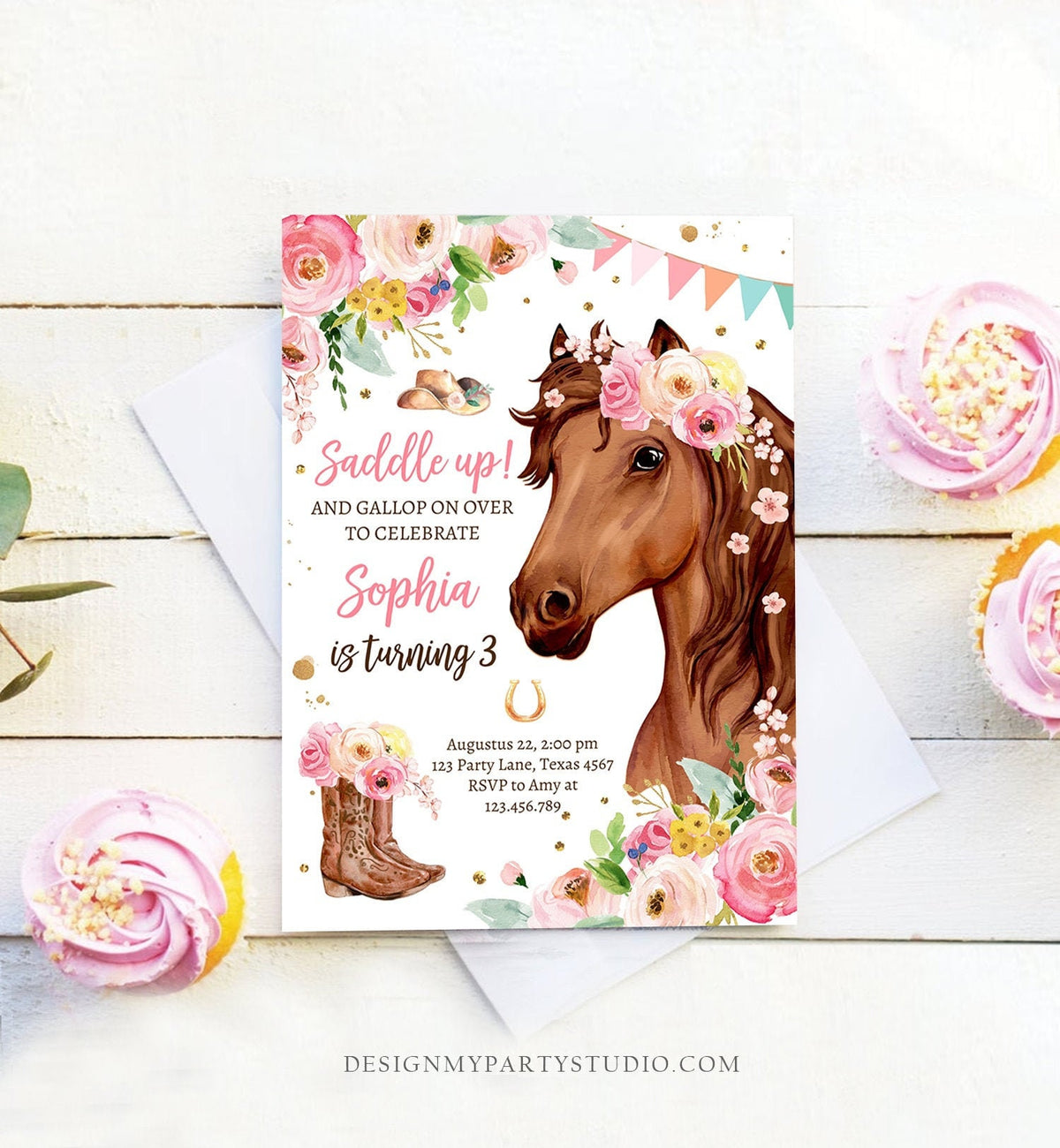 Editable Horse Birthday Invitation Girl Saddle Up Watercolor Cowgirl Party Horse Invite Pink Floral Download Printable Template Corjl 0408