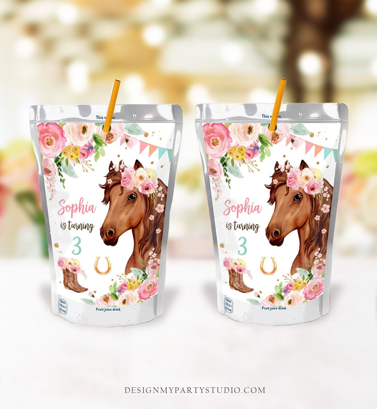 Editable Horse Birthday Juice Pouch Label Juice Favors Cowgirl Party Girl Birthday Decor Floral Digital Download Template Printable 0408