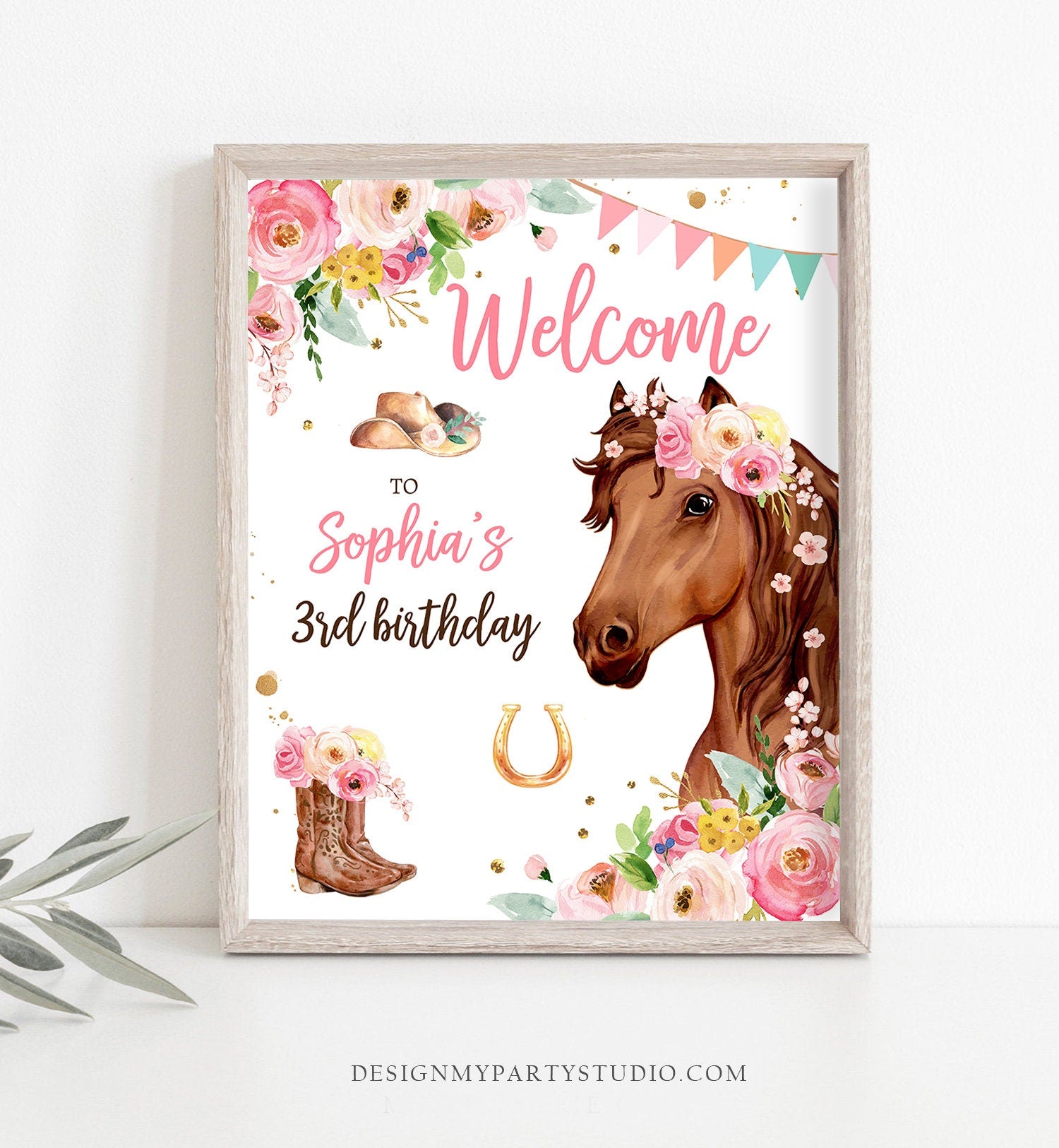 Editable Horse Birthday Welcome Sign Pony Birthday Welcome Sign Cowgirl Party Floral Girl Horse Party Download Template Corjl PRINTABLE 0408