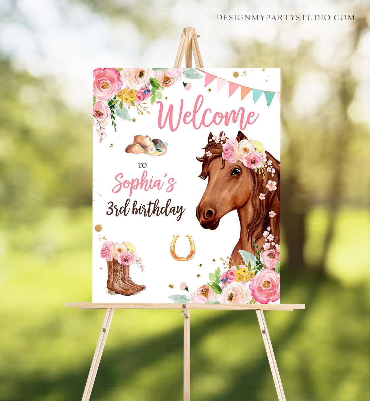 Editable Horse Birthday Welcome Sign Pony Birthday Welcome Sign Cowgirl Party Floral Girl Horse Party Download Template Corjl PRINTABLE 0408