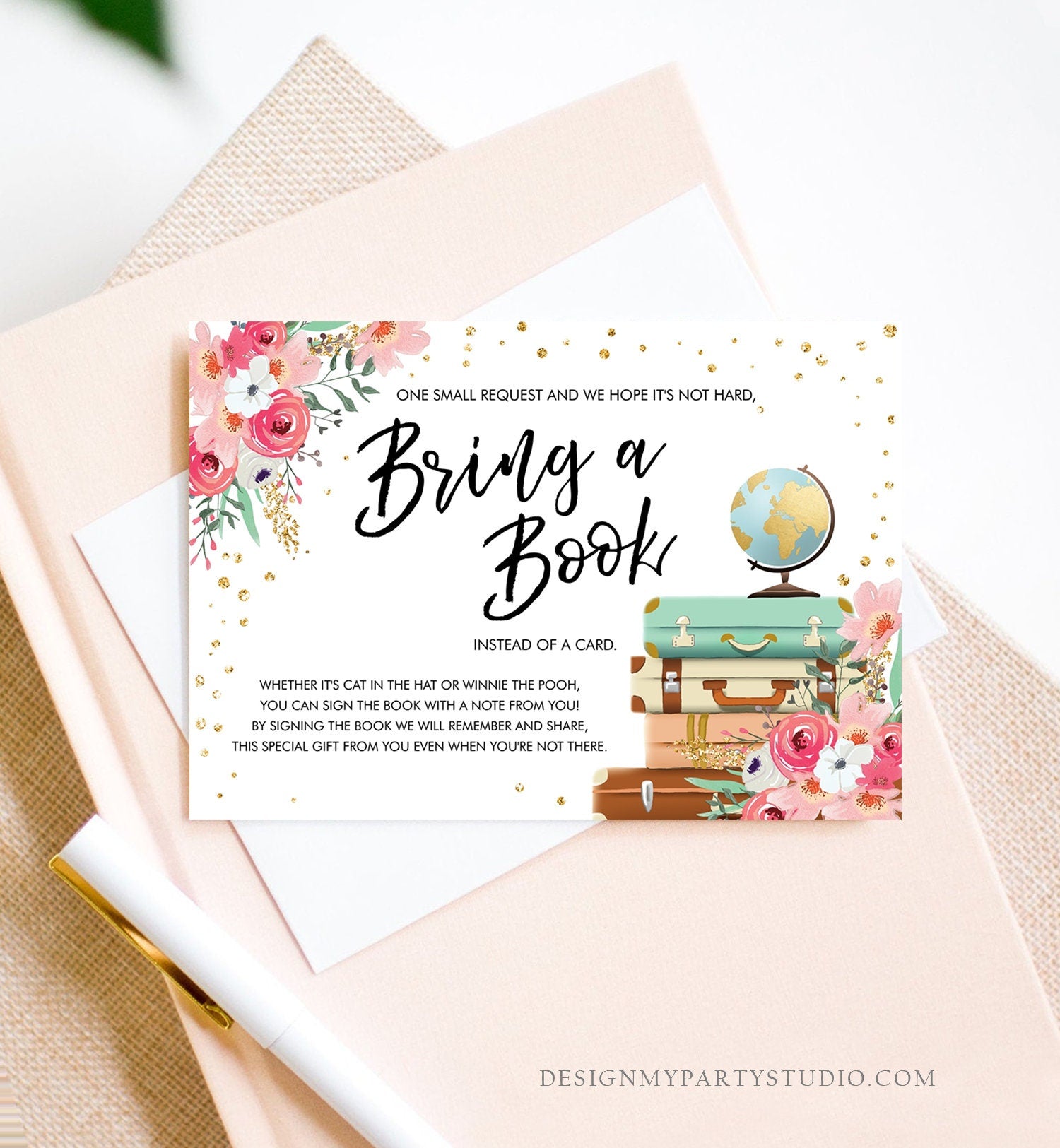 Editable Travel Bring a Book Card Baby Shower Books for Baby Insert Card Mrs Adventure Begins Pink Floral Corjl Template Printable 0030