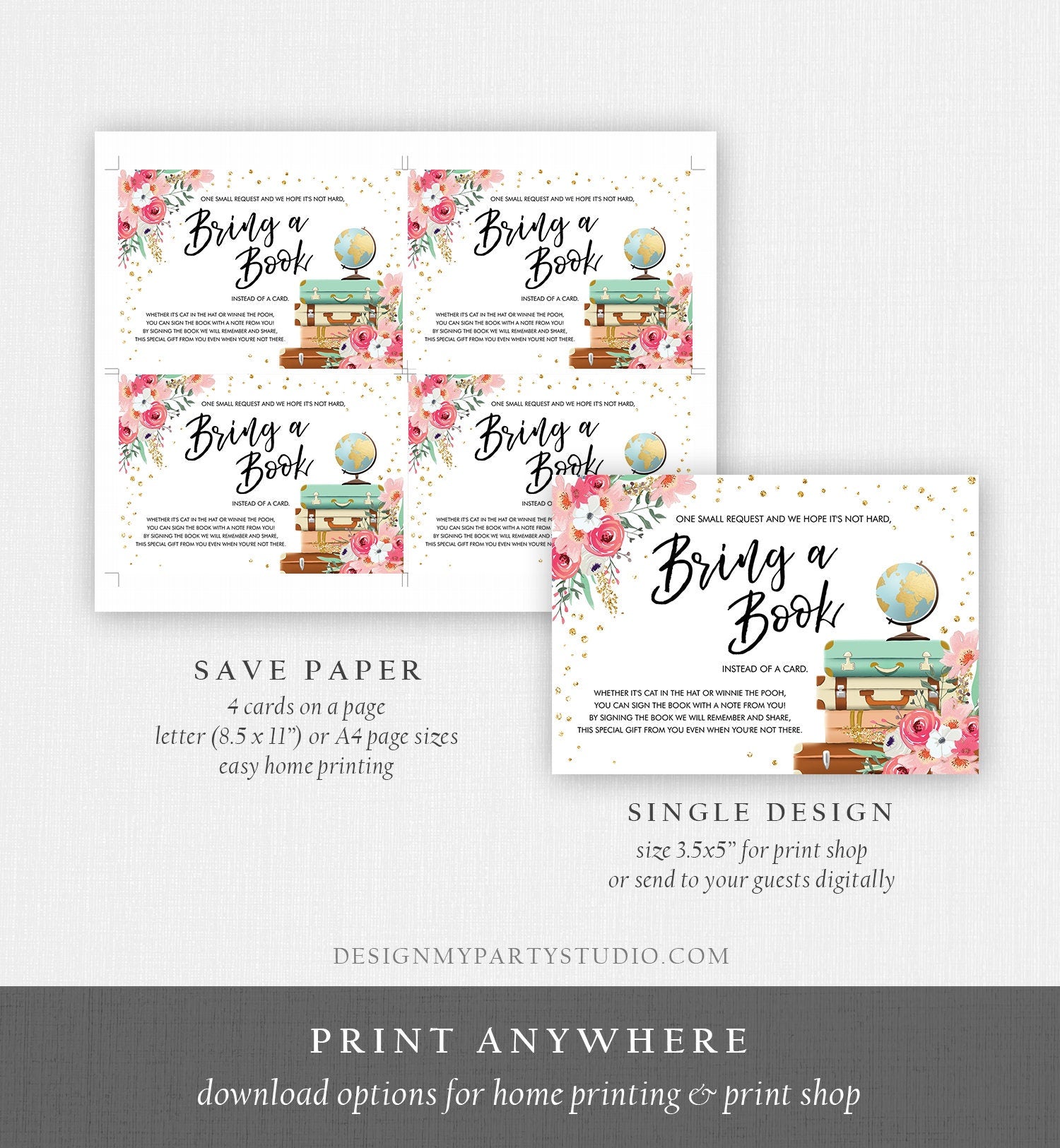 Editable Travel Bring a Book Card Baby Shower Books for Baby Insert Card Mrs Adventure Begins Pink Floral Corjl Template Printable 0030