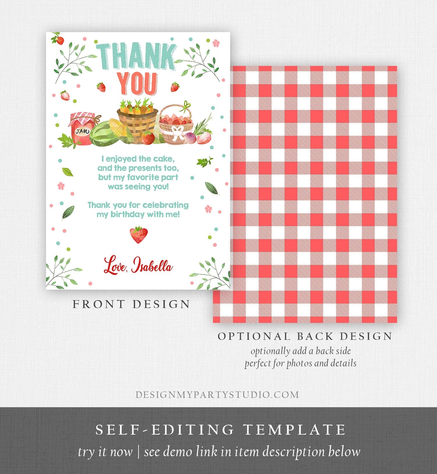 Editable Farmers Market Thank You Card Birthday Strawberry Home Grown Veggies Farm Fruits Market Download Printable Template Corjl 0144