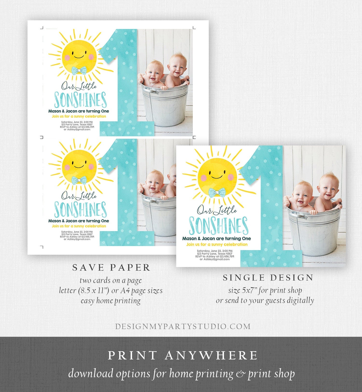 Editable Birthday Invitation Twins Little Sunshines Boys Siblings Brothers Twin Summer Download Invitation Template Corjl Printable 0141