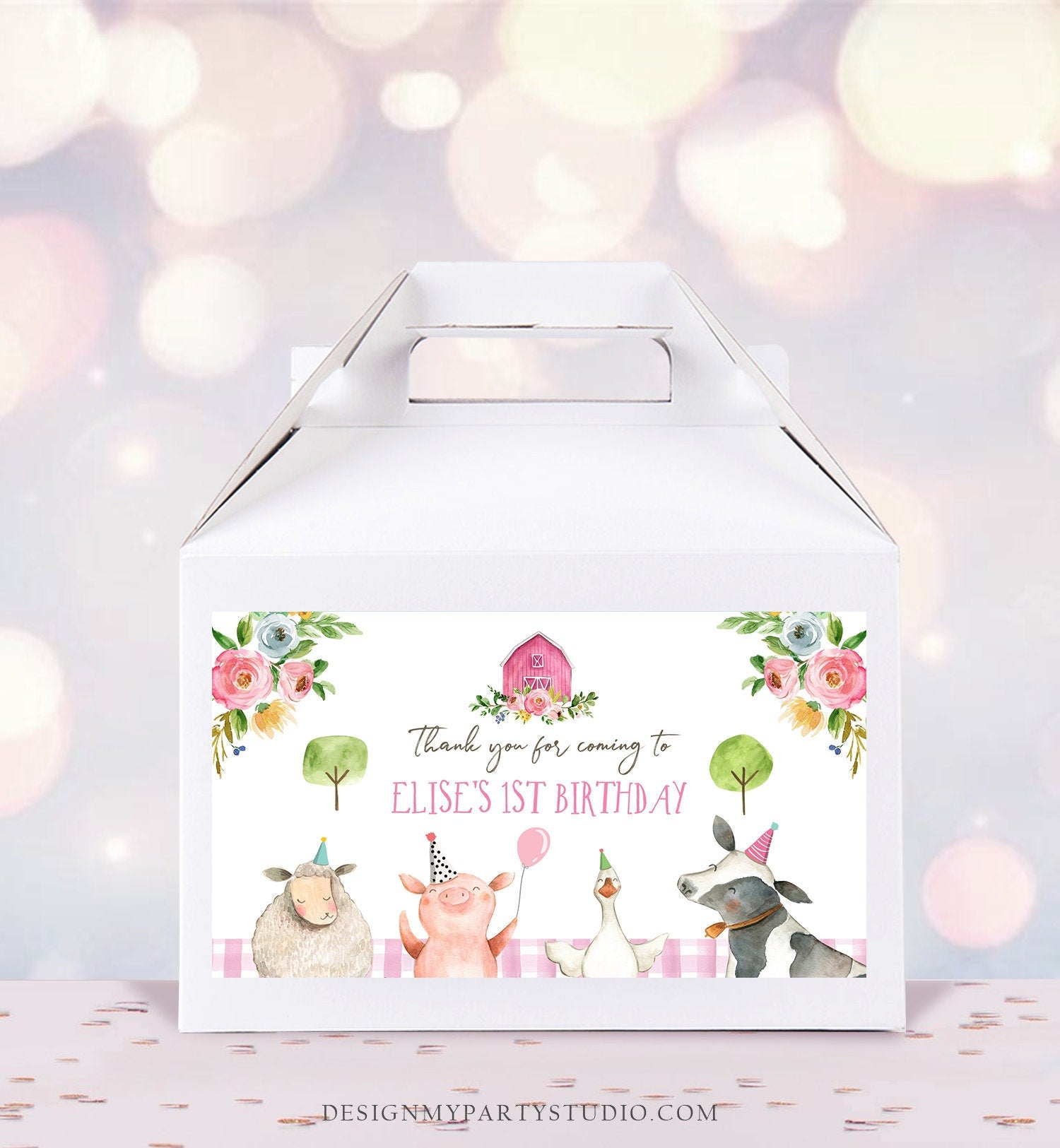 Farm Animals Gable Gift Box Label Pink Farm Birthday Girl Treat Box Label Floral Barnyard Party Digital Download Template Printable 0155