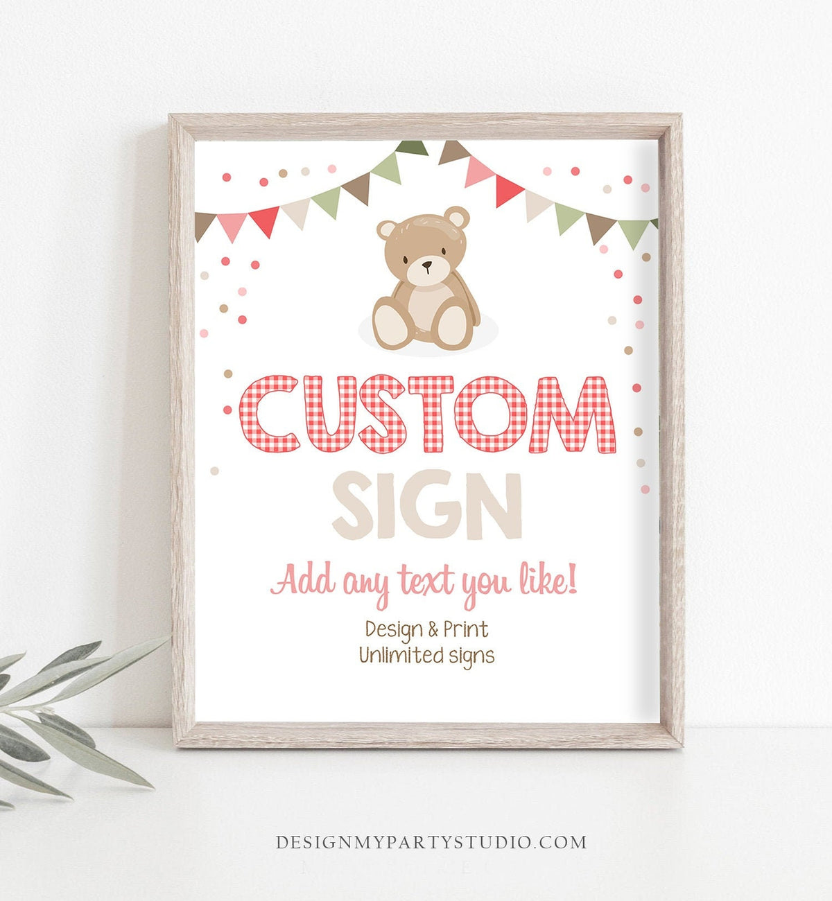 Editable Custom Sign Teddy Bear Picnic Birthday Baby Shower Girl Pink Red Gingham Summer Outdoor Bear Corjl Template Printable 0100