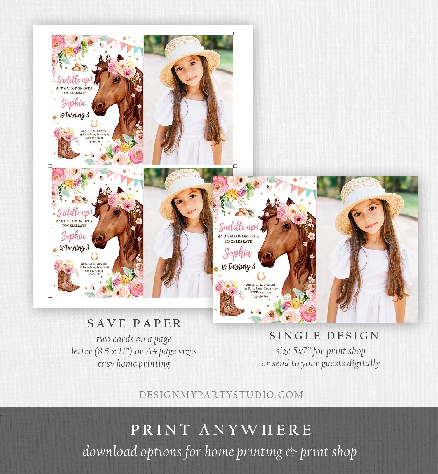 Editable Horse Birthday Invitation Girl Saddle Up Watercolor Cowgirl Party Horse Invite Pink Floral Download Printable Template Corjl 0408