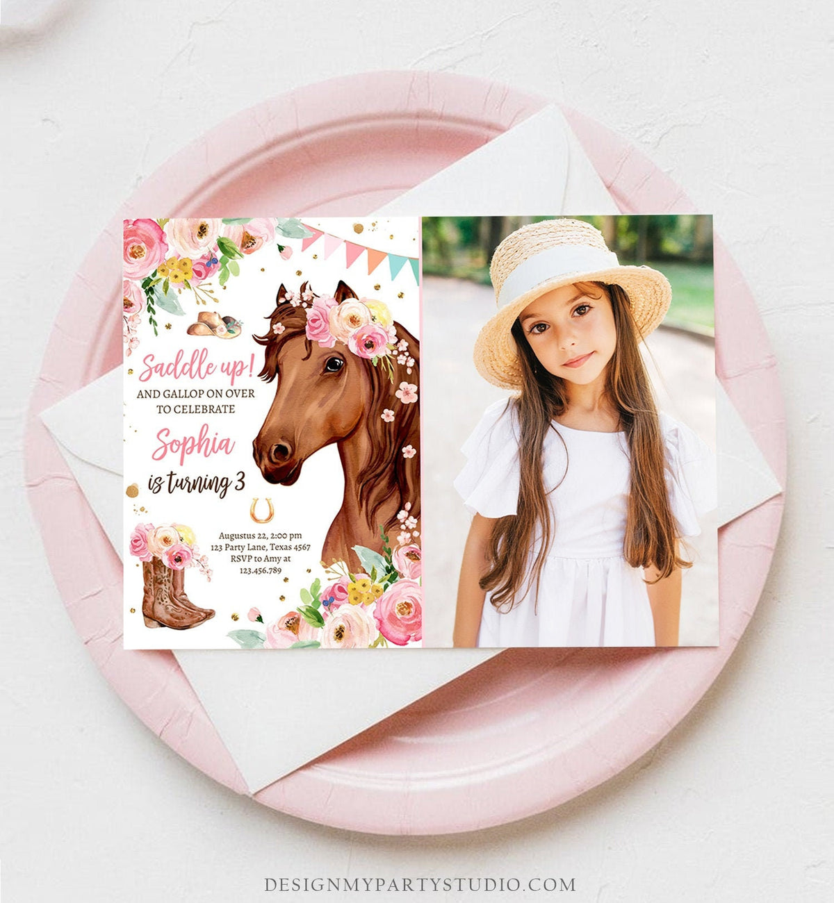 Editable Horse Birthday Invitation Girl Saddle Up Watercolor Cowgirl Party Horse Invite Pink Floral Download Printable Template Corjl 0408