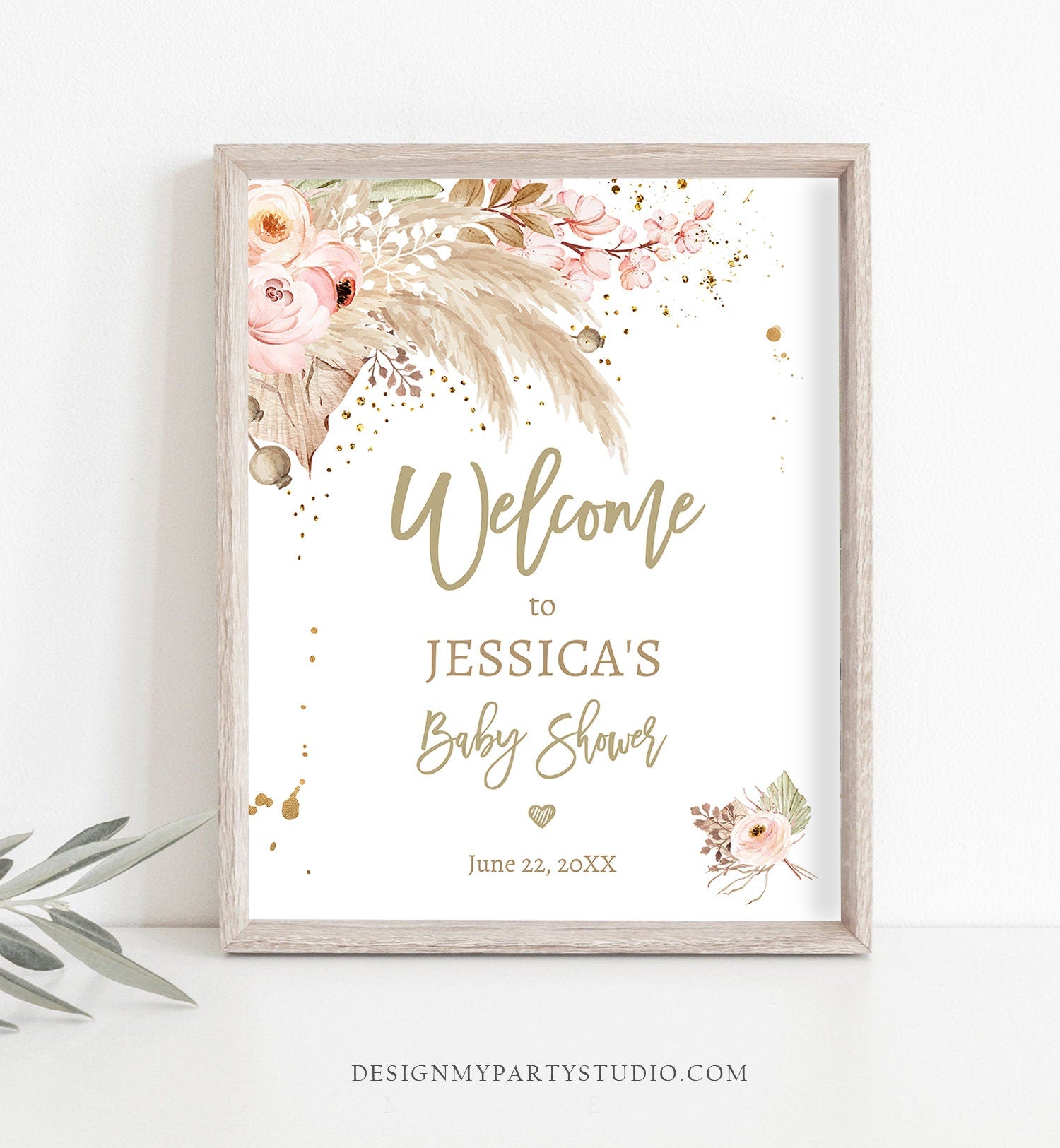 Editable Pampas Grass Baby Shower Welcome Sign Couples Shower Boho Shower Welcome Muted Tone Tropical Desert Corjl Template Printable 0395