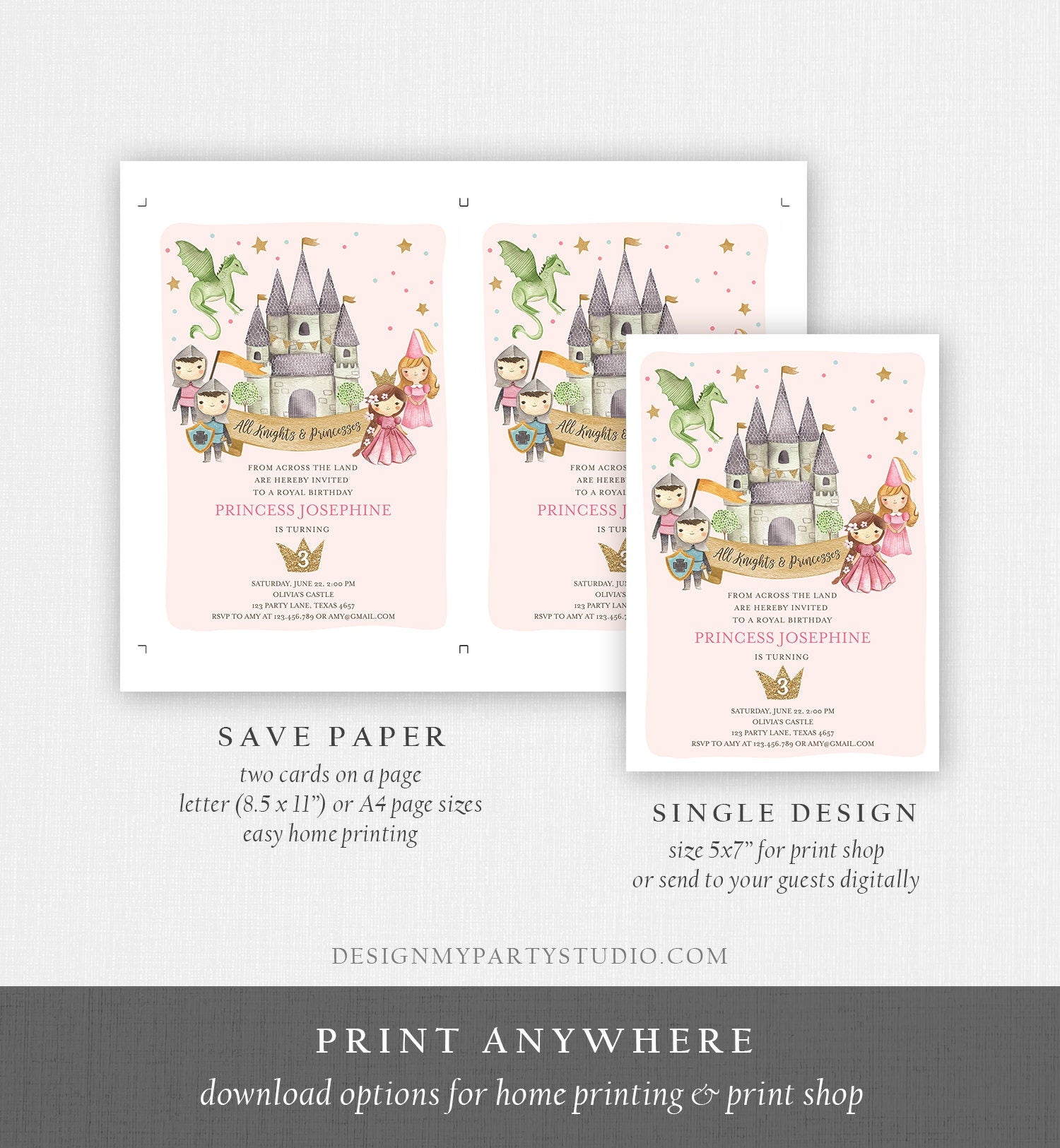 Editable Princess and Knight Birthday Invitation Once Upon a Time Princess Royal Birthday Girl Pink Castle Template Corjl Printable 0171