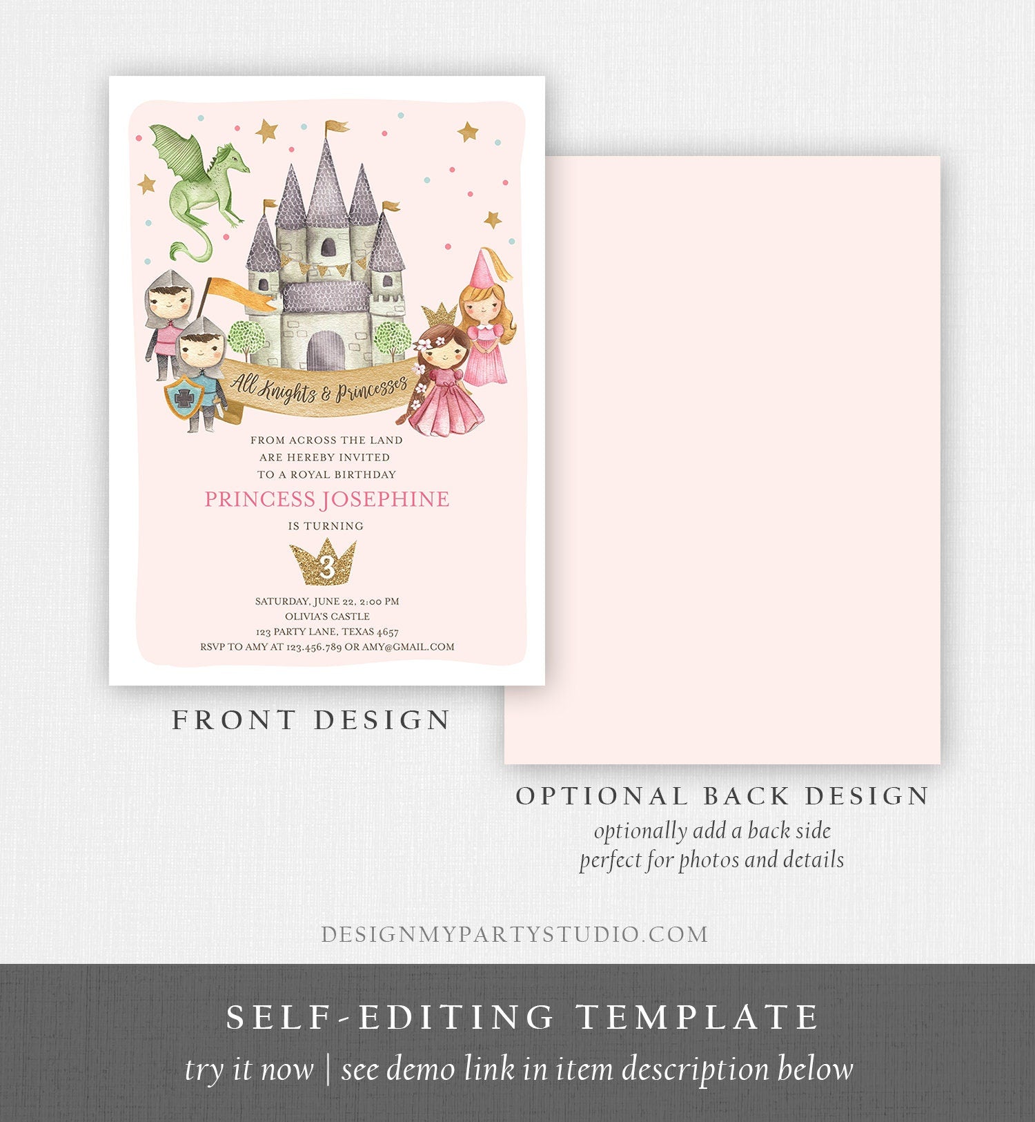 Editable Princess and Knight Birthday Invitation Once Upon a Time Princess Royal Birthday Girl Pink Castle Template Corjl Printable 0171