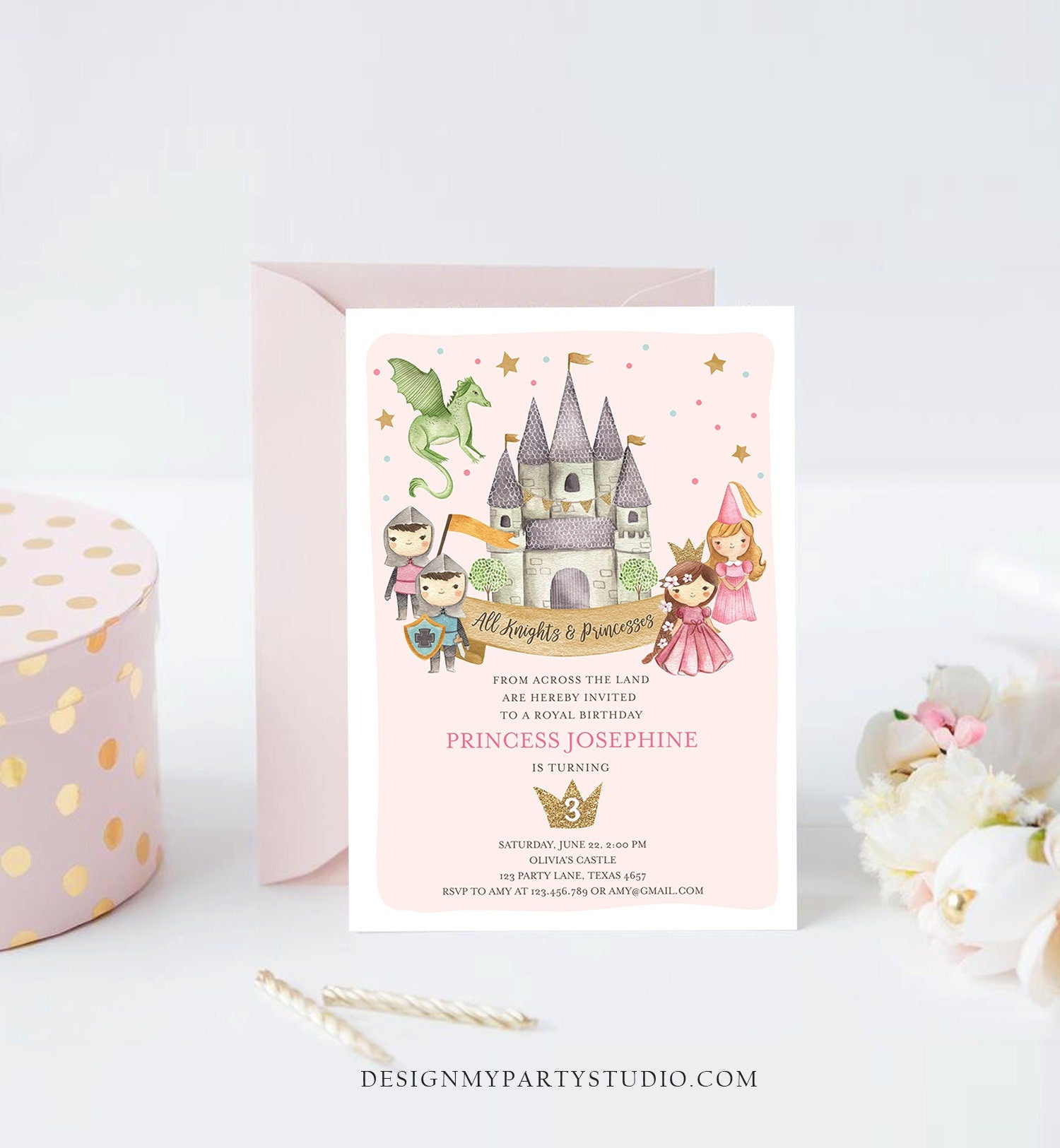 Editable Princess and Knight Birthday Invitation Once Upon a Time Princess Royal Birthday Girl Pink Castle Template Corjl Printable 0171