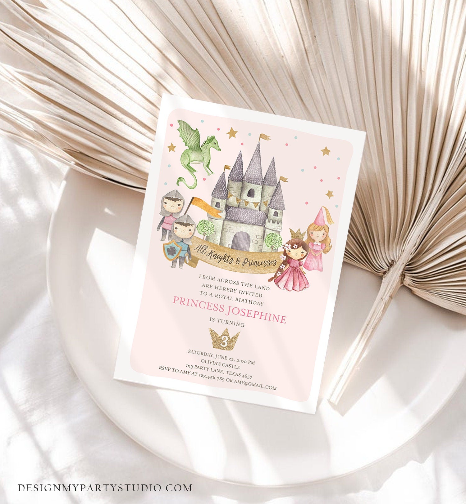 Editable Princess and Knight Birthday Invitation Once Upon a Time Princess Royal Birthday Girl Pink Castle Template Corjl Printable 0171