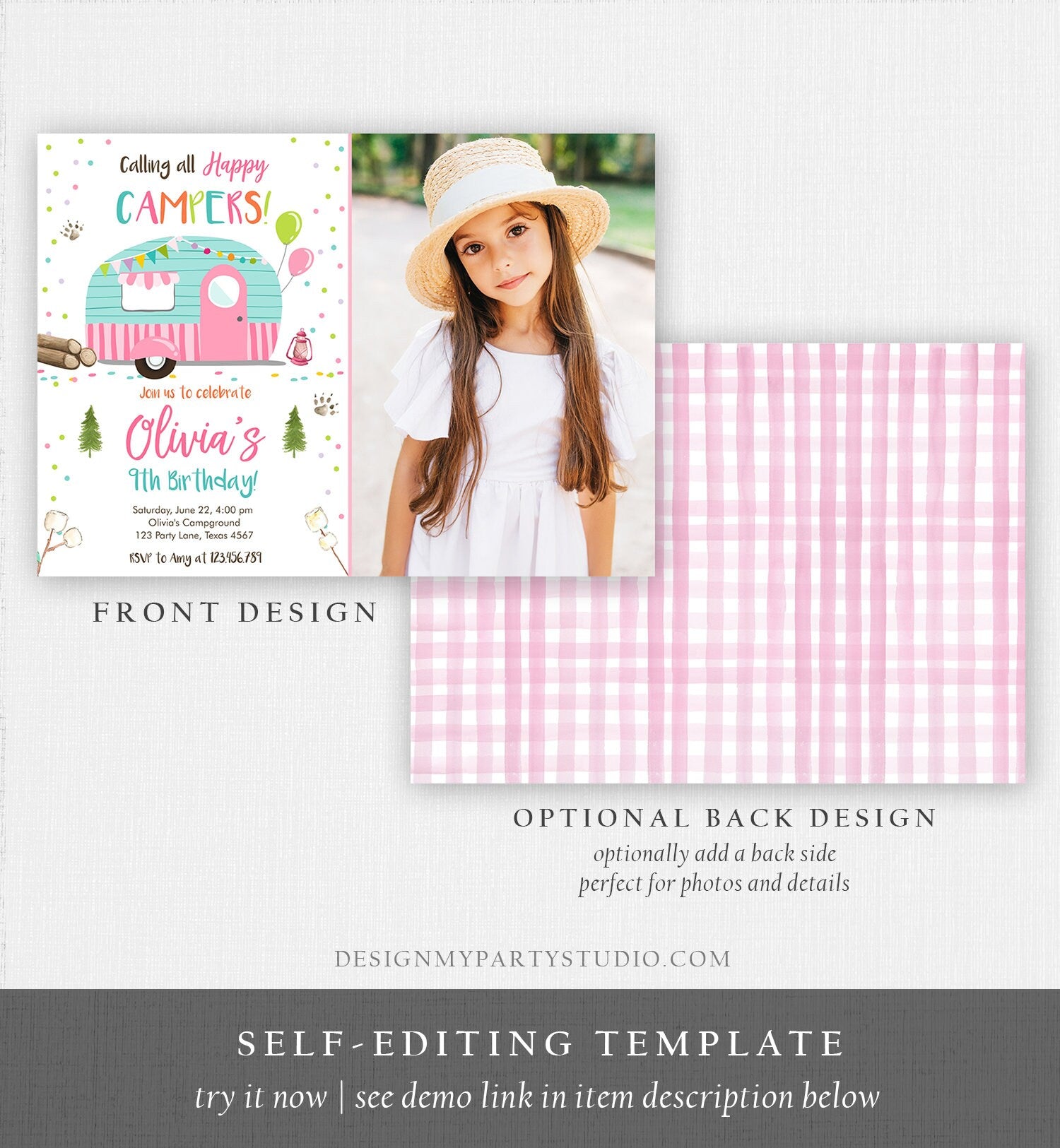 Editable Happy Camper Birthday Invitation Girl Pink Camping Party Pink Camper Glamping Download Printable Template Digital Corjl 0342