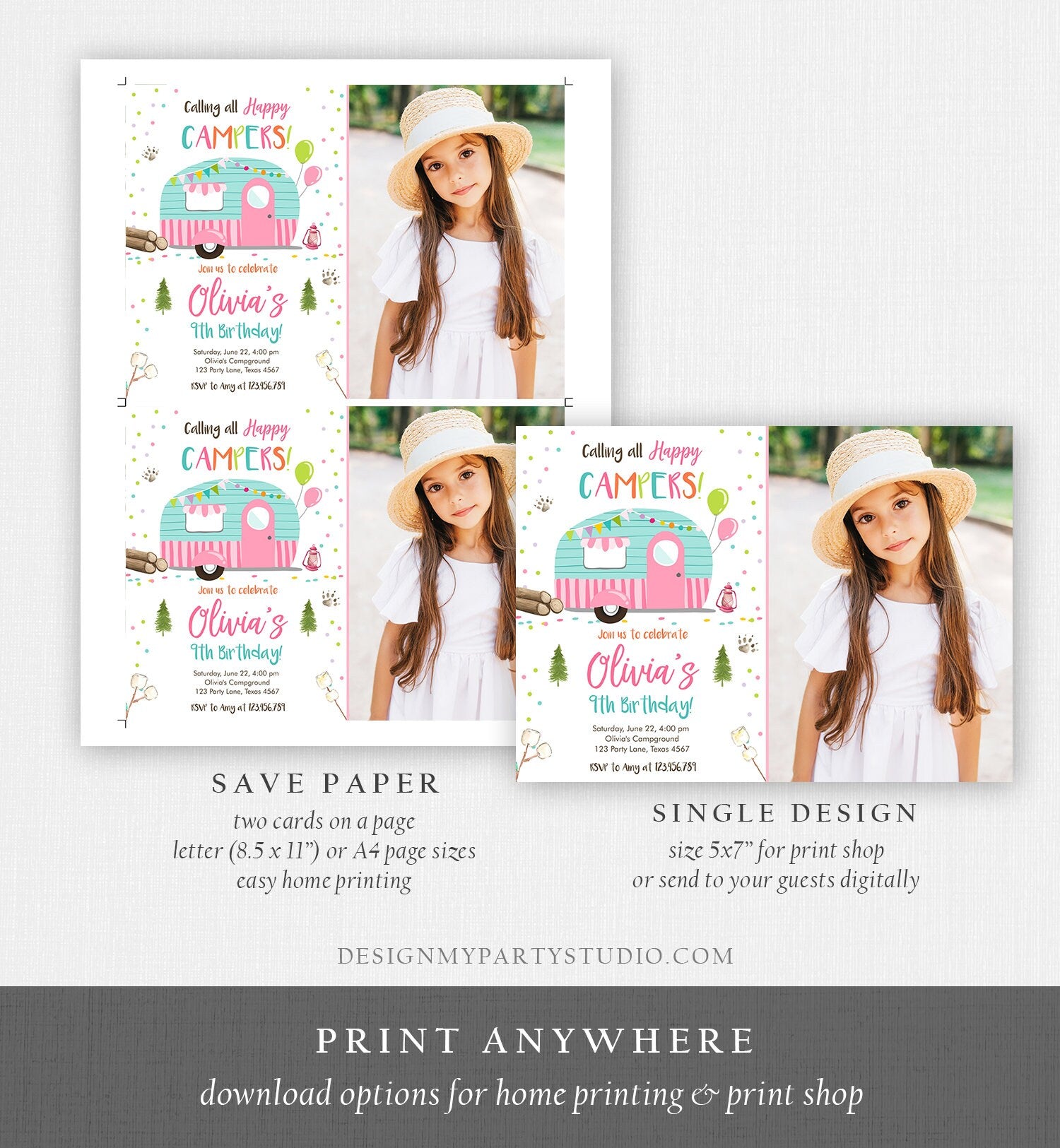 Editable Happy Camper Birthday Invitation Girl Pink Camping Party Pink Camper Glamping Download Printable Template Digital Corjl 0342