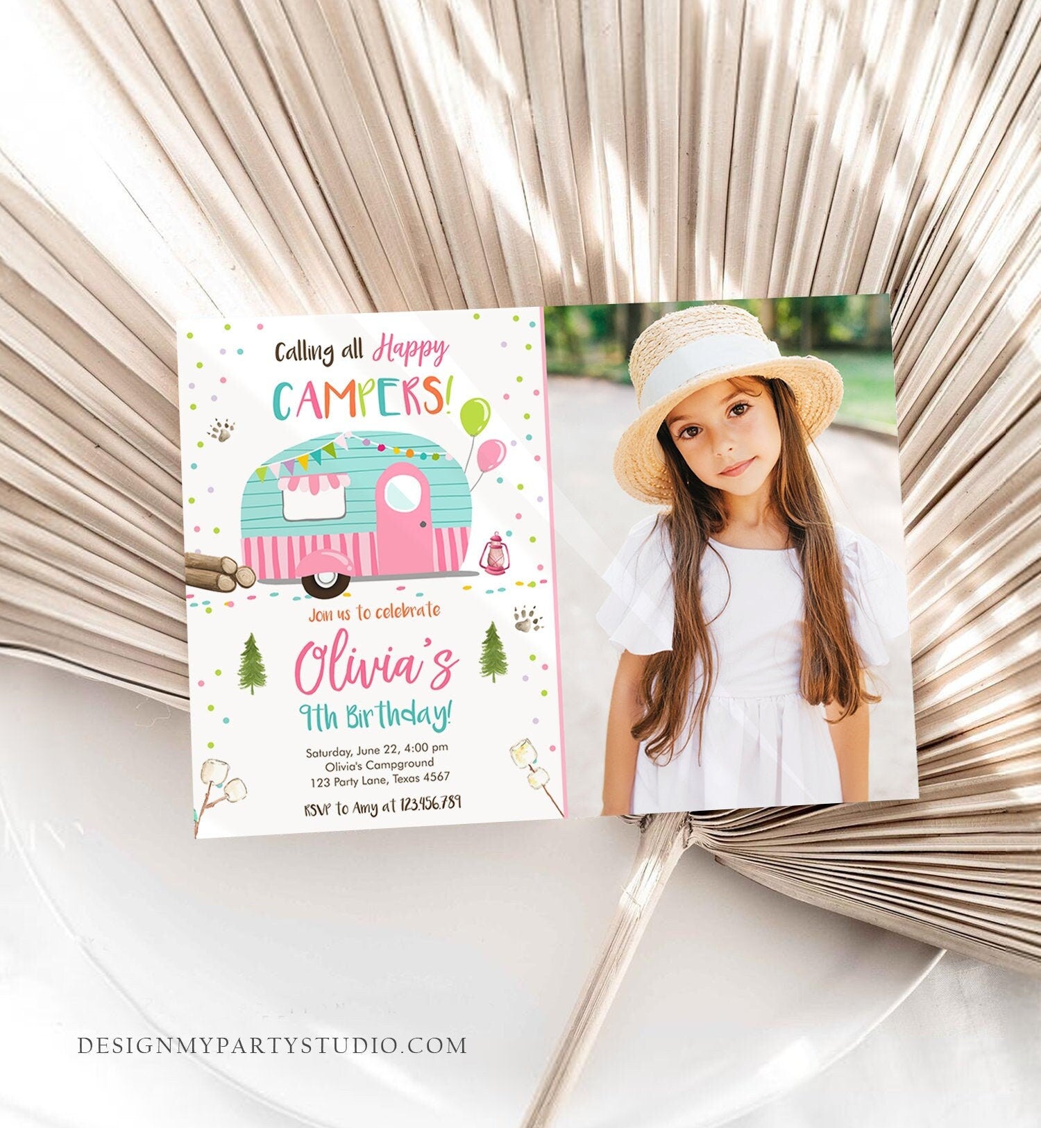 Editable Happy Camper Birthday Invitation Girl Pink Camping Party Pink Camper Glamping Download Printable Template Digital Corjl 0342