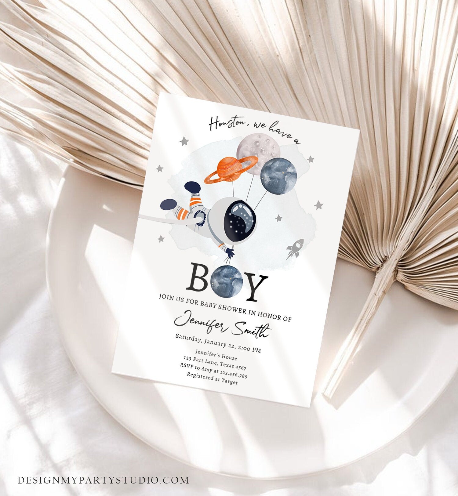 Editable Space Astronaut Baby Shower Invitation Galaxy Houston It's a Boy Orange Planets Moon Countdown Template Instant Download Corjl 0366