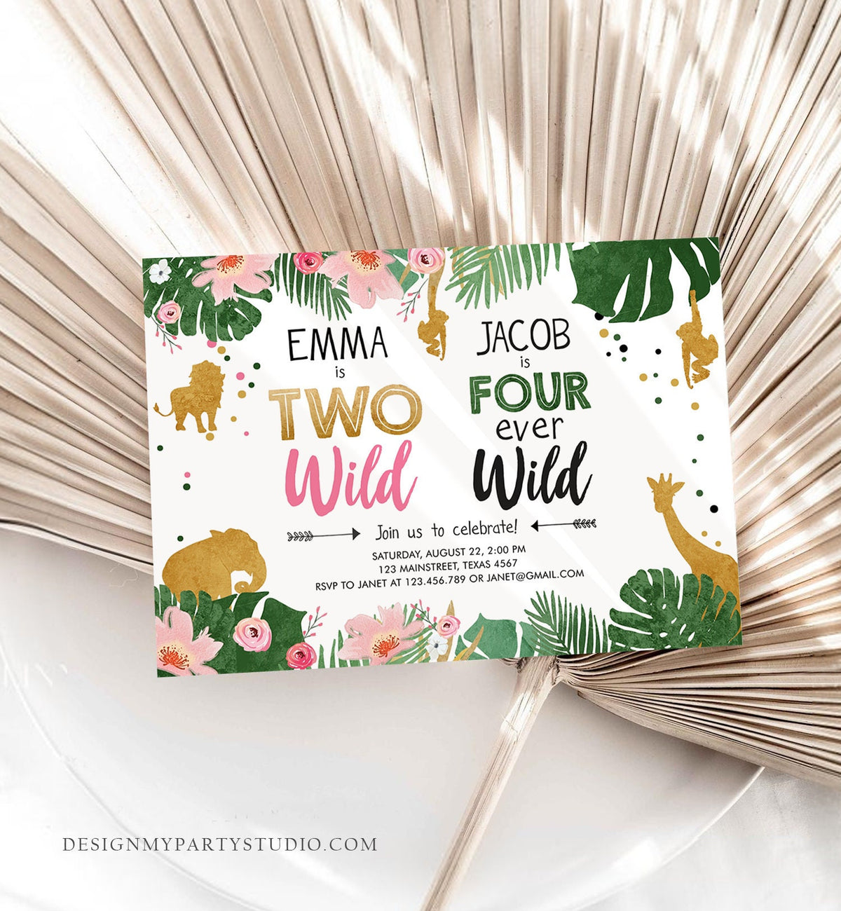 Editable Two Wild Birthday Invitation Four Ever Wild Boy Girl Safari Animals Jungle Gold Joint Dual Siblings Corjl Template Printable 0016