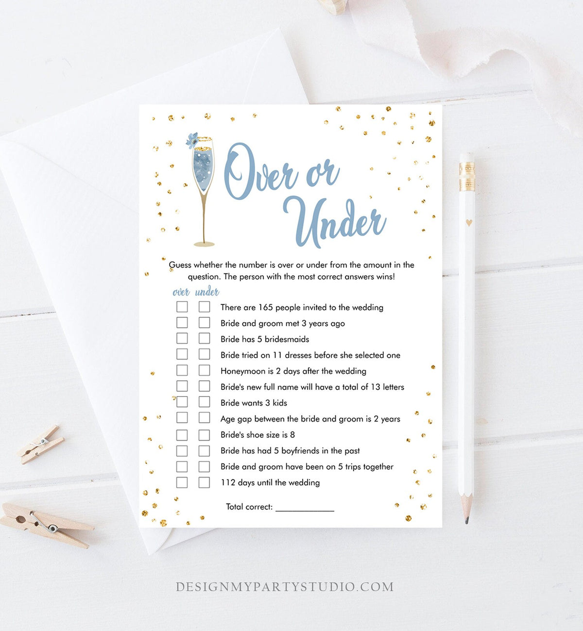 Editable Over or Under Bridal Shower Game Brunch and Bubbly More or Less Guess Wedding Shower Activity Gold Corjl Template Printable 0150