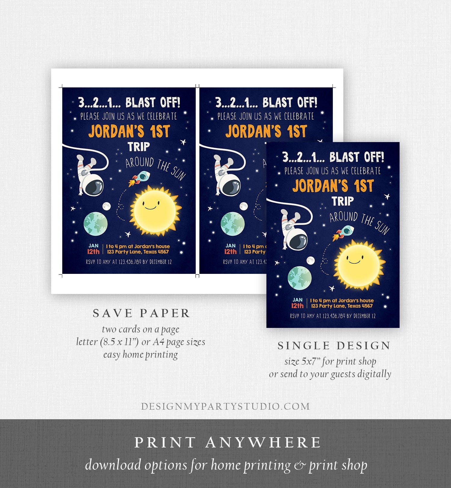 Editable Outer Space Birthday Invitation Rocket Astronaut Around the Sun First Trip Blast Off Digital Download Evite Template Printable 0046