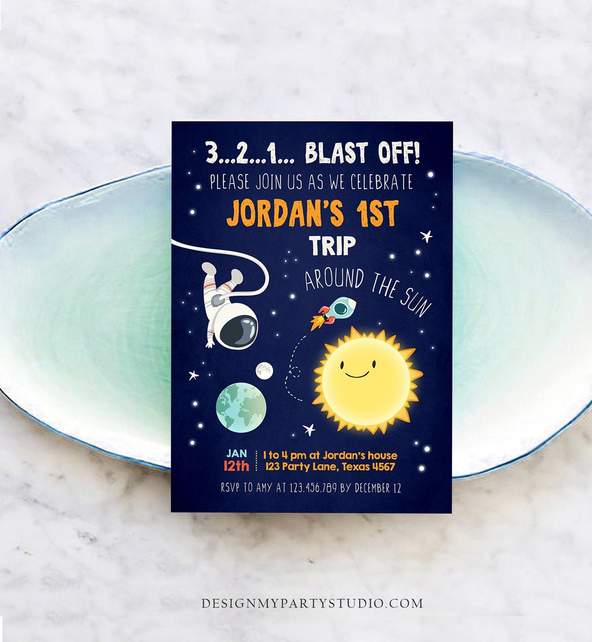 Editable Outer Space Birthday Invitation Rocket Astronaut Around the Sun First Trip Blast Off Digital Download Evite Template Printable 0046